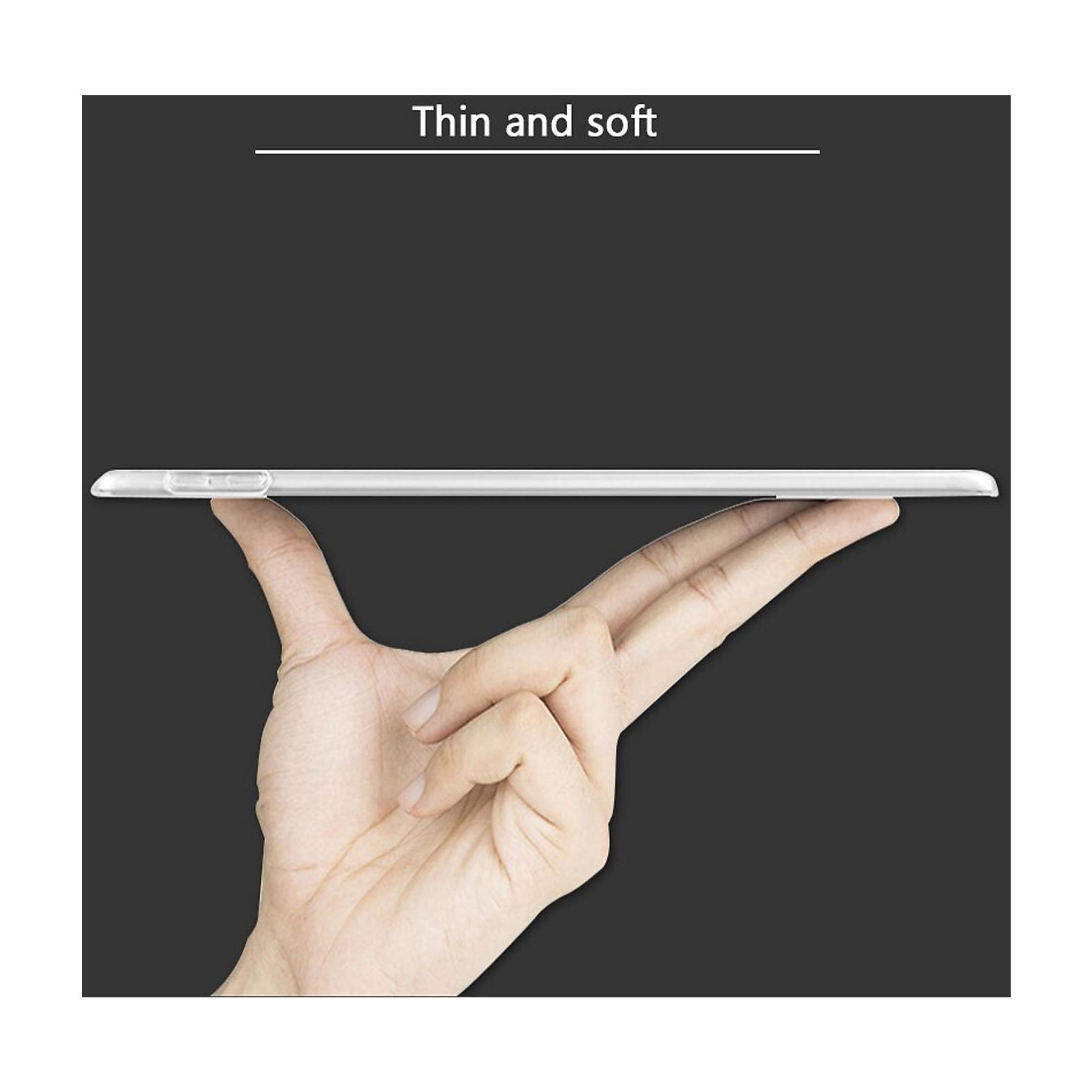 Eine Hand hält ein dünnes, weißes, rechteckiges Objekt. Der Hintergrund ist dunkelgrau mit dem Text 'Thin and soft'.