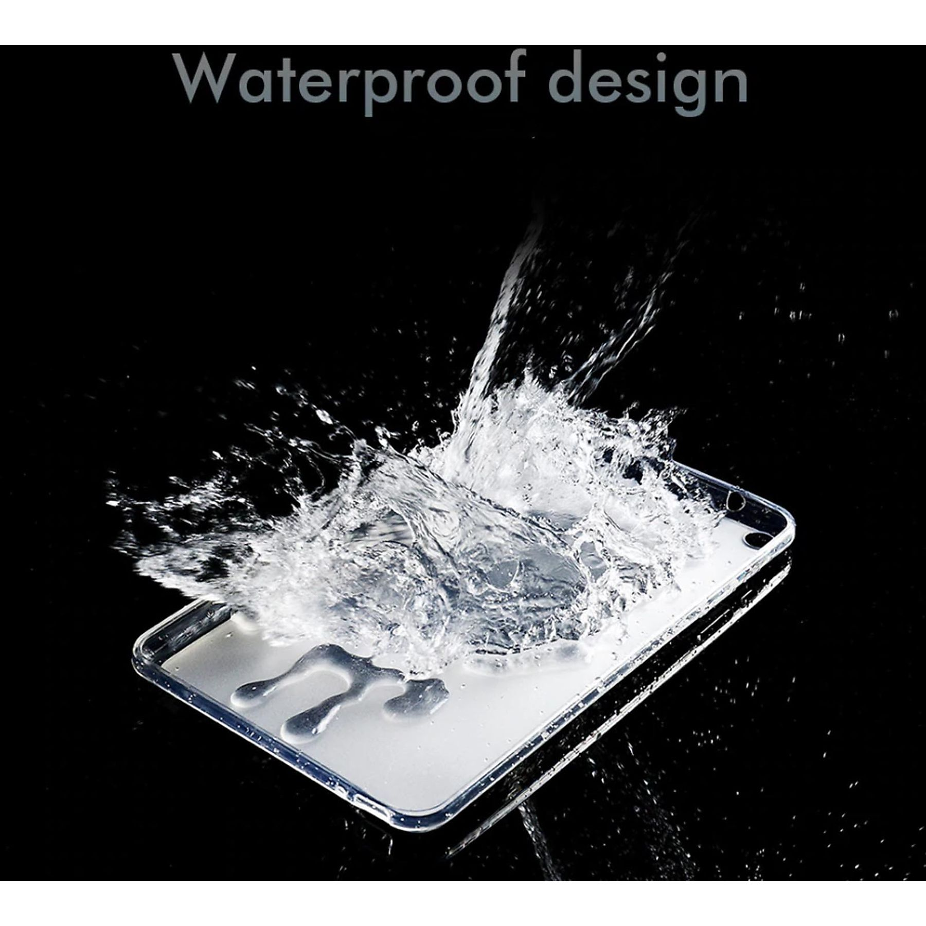 Wasser spritzt auf eine transparente Handyhülle, darüber steht 'Waterproof design'. Schwarzer Hintergrund.