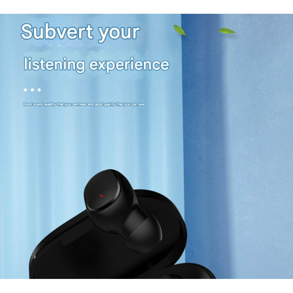 Das Bild zeigt schwarze Ohrhörer auf einem Etui mit dem Text 'Subvert your listening experience'. Blauer Hintergrund mit grünen Blättern.