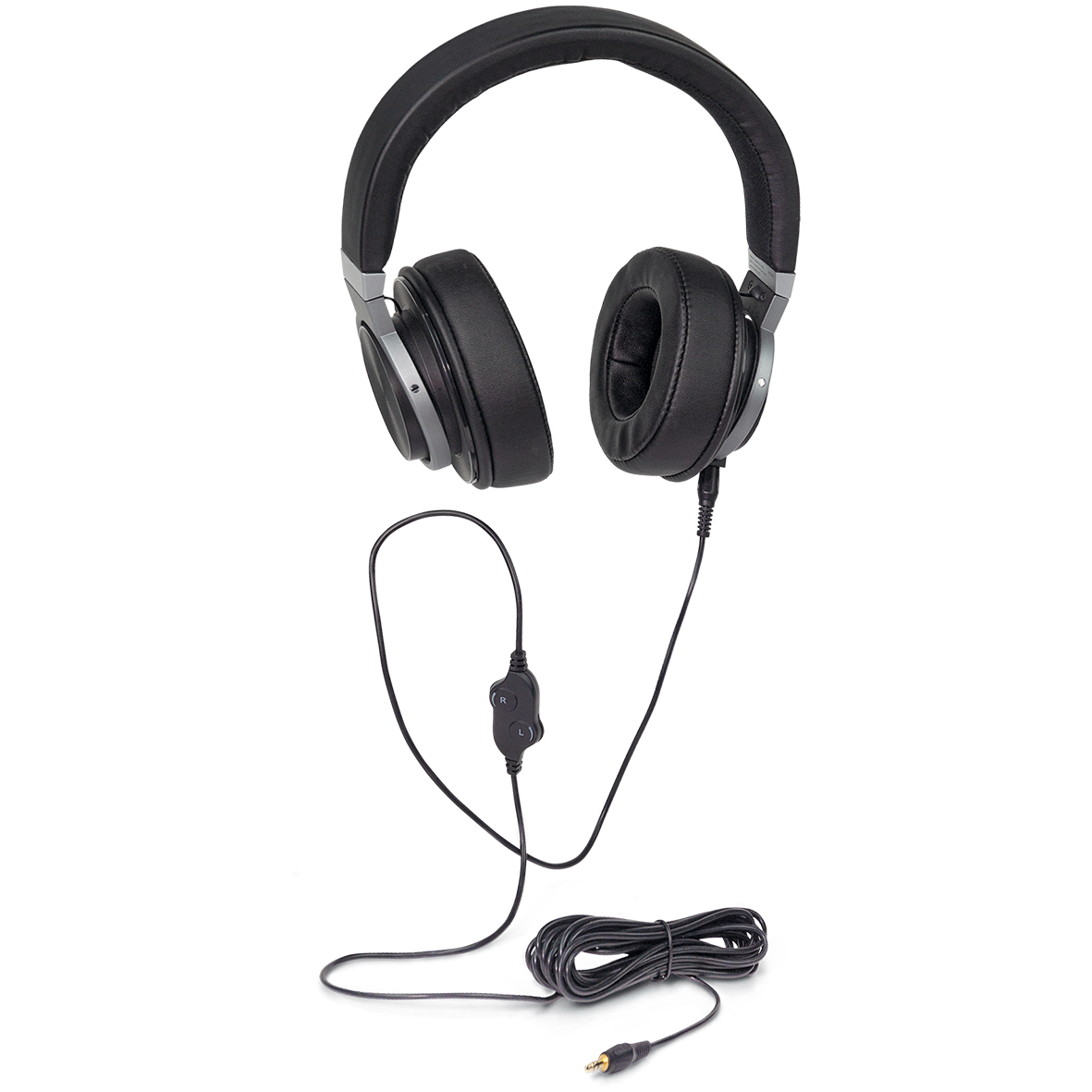 Schwarzer Kopfhörer mit silberner Zierleiste und schwarzem Kabel. Das Kabel hat eine Lautstärkeregelung und einen 3,5-mm-Klinkenstecker.