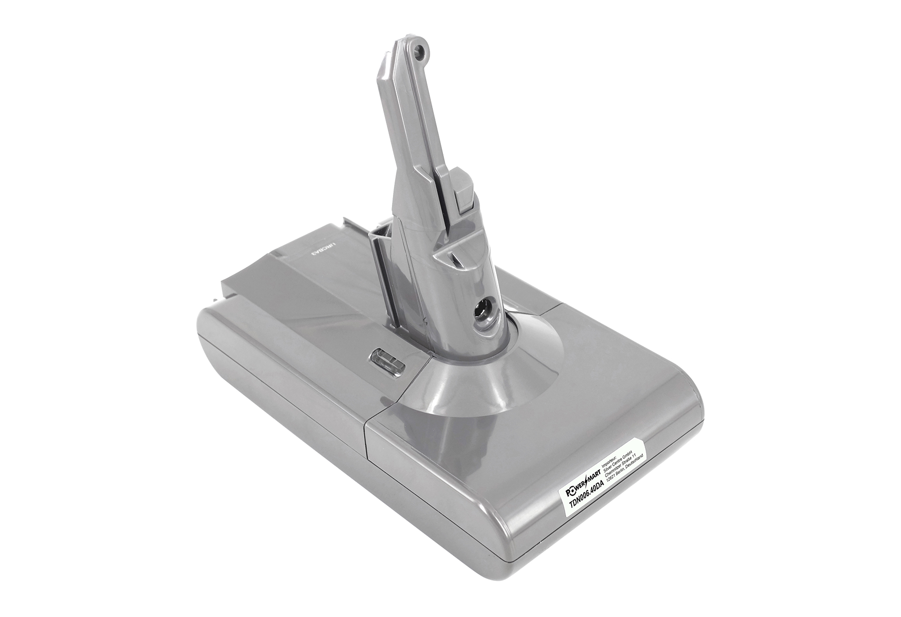 Ein grauer Staubsauger-Batteriesockel mit einem aufrechten Griff. Der Sockel hat ein Etikett, und der Griff hat eine Entriegelungstaste.