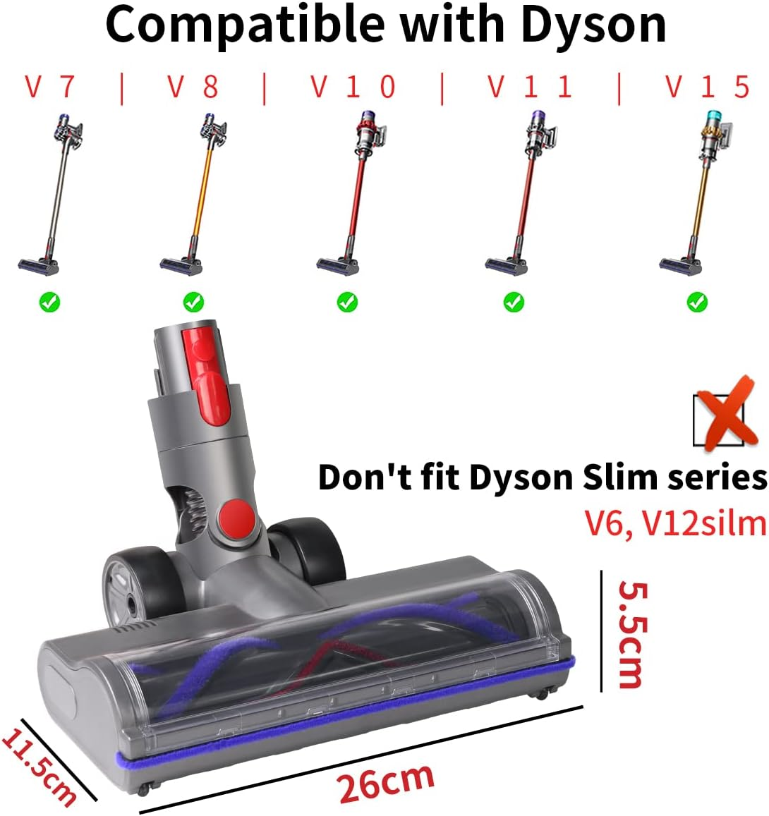 Das Bild zeigt Dyson-Staubsaugerteile, kompatible Modelle V7-V15. Nicht kompatibel mit der Slim-Serie. Abmessungen sind angegeben. Häkchen und ein X sind vorhanden.
