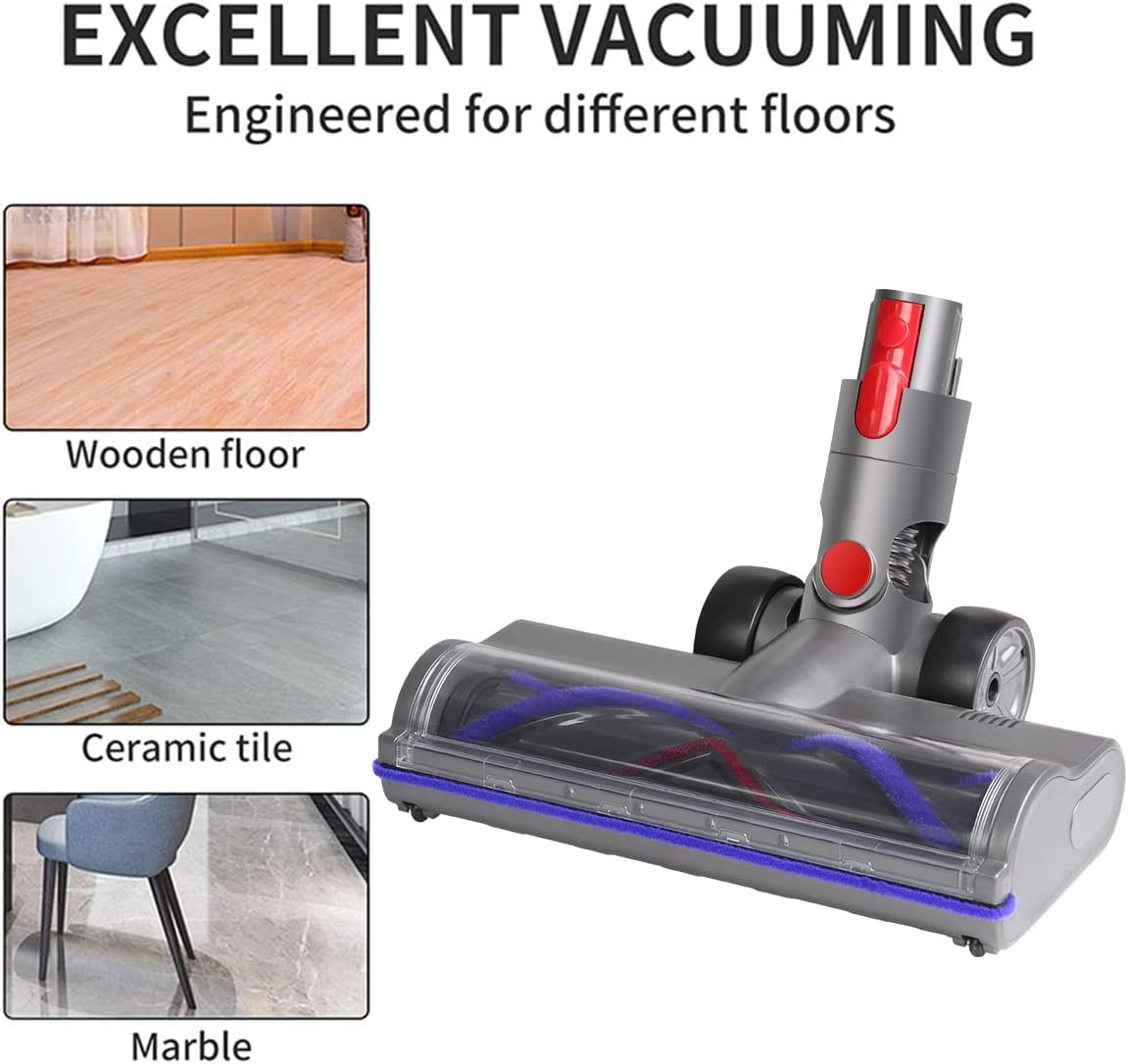 Das Bild zeigt einen Staubsauger mit drei Bodenoberflächenbeispielen: Holz, Keramikfliesen und Marmor. Text lautet 'Excellent Vacuuming'.