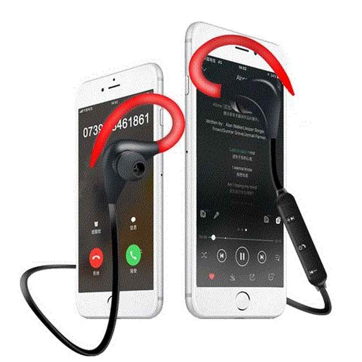 Zwei Smartphones mit roten Bluetooth-Headsets. Eines zeigt einen Anrufbildschirm, das andere einen Musikplayer.