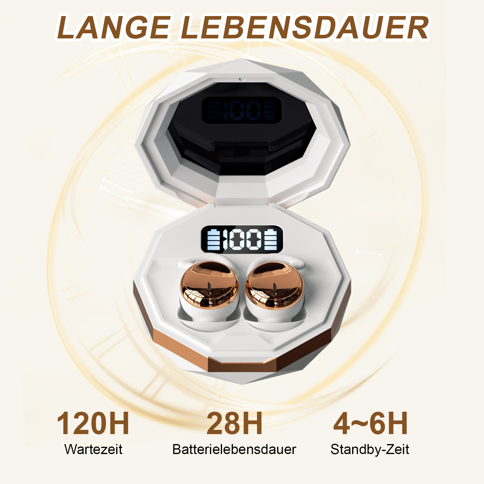Das Bild zeigt ein weiß-goldenes Ohrhörer-Etui mit Ohrhörern. Textdetails zur Akkulaufzeit und Standby-Zeit.