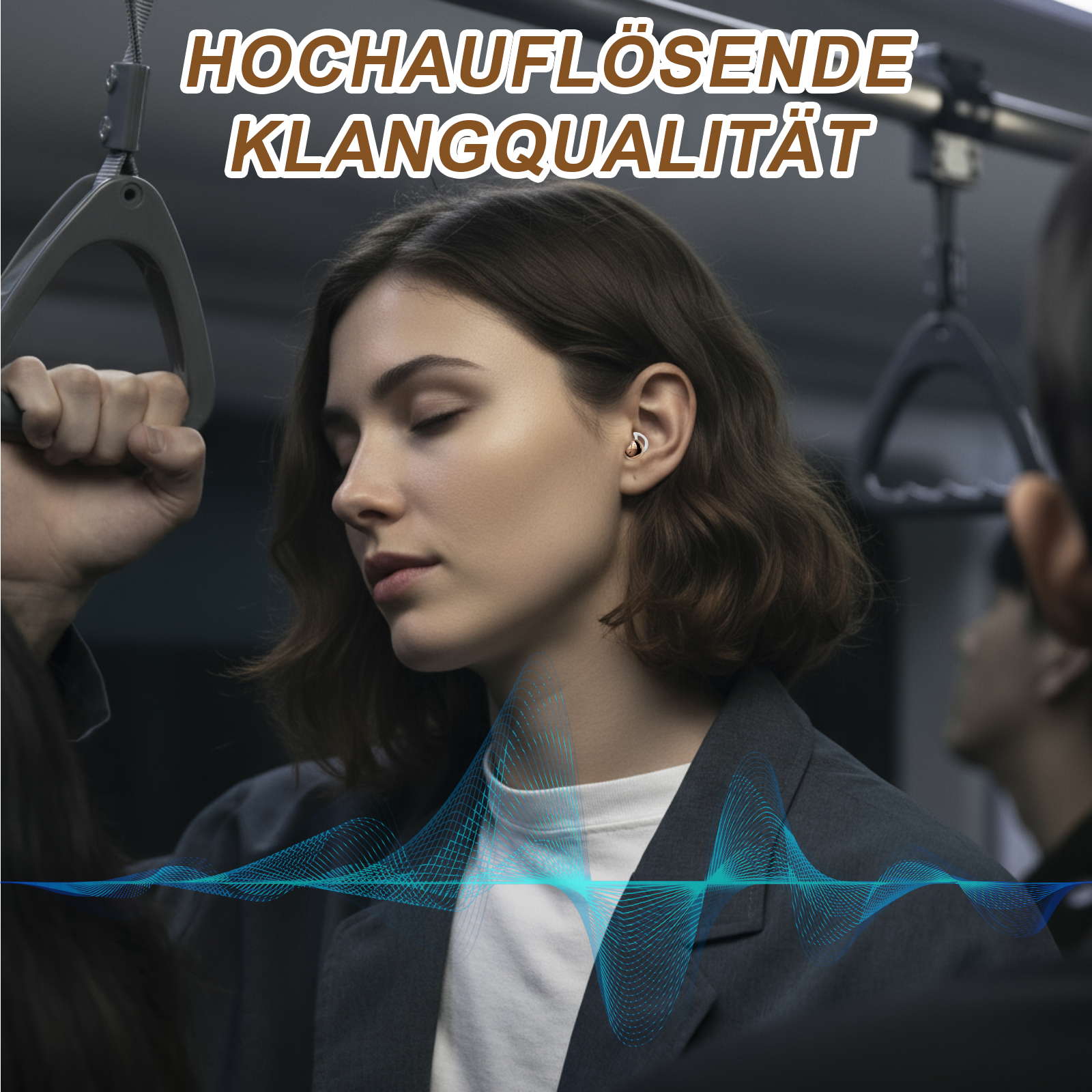Frau im Zug mit Ohrhörern, Augen geschlossen. Text 'Hochauflösende Klangqualität'. Blaue Klangwellen-Grafik.