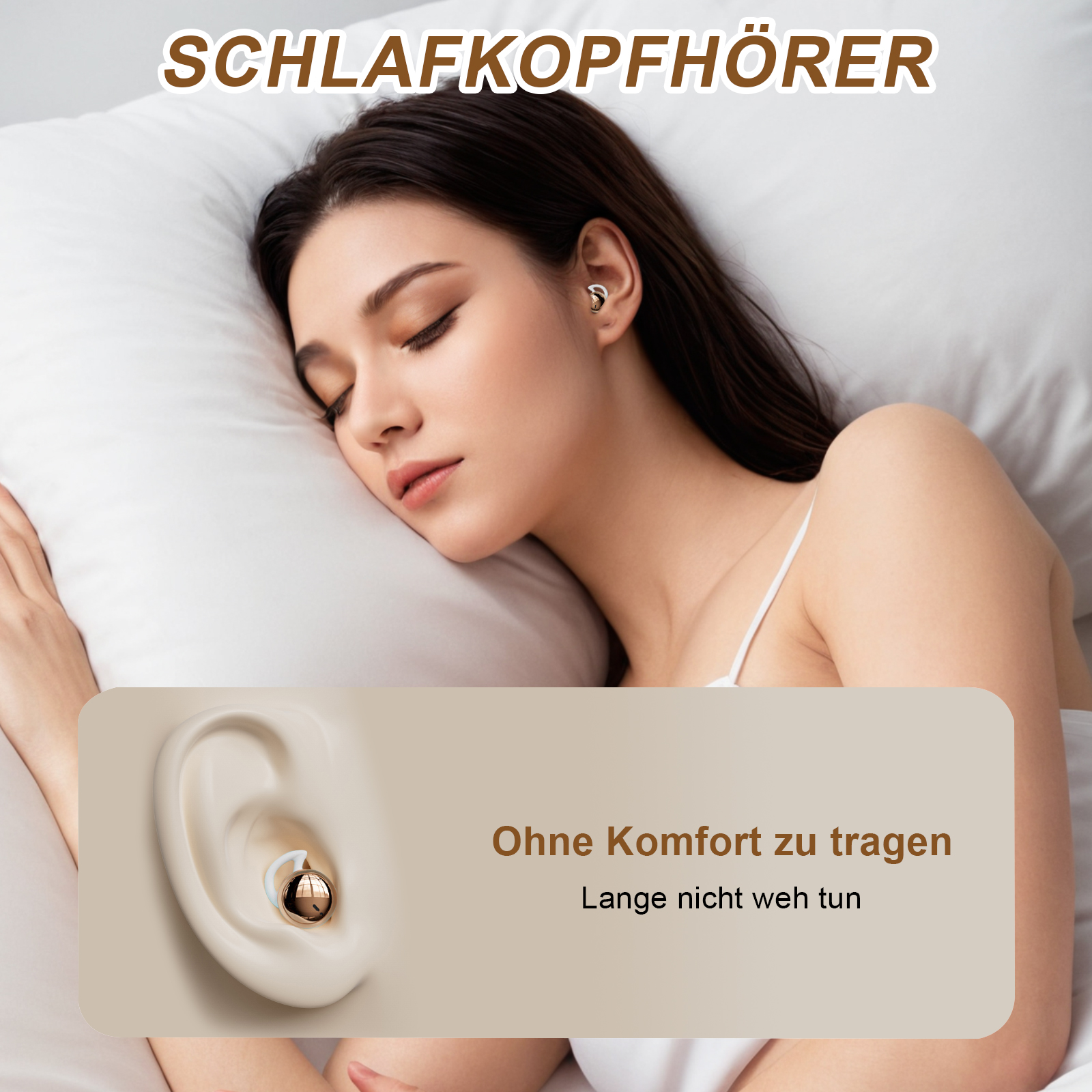 Schlafende Frau mit Ohrhörern. Text: 'Schlaf Kopfhörer'. Ohrhörer-Detail gezeigt. Beigefarbener Hintergrund mit deutschem Text.