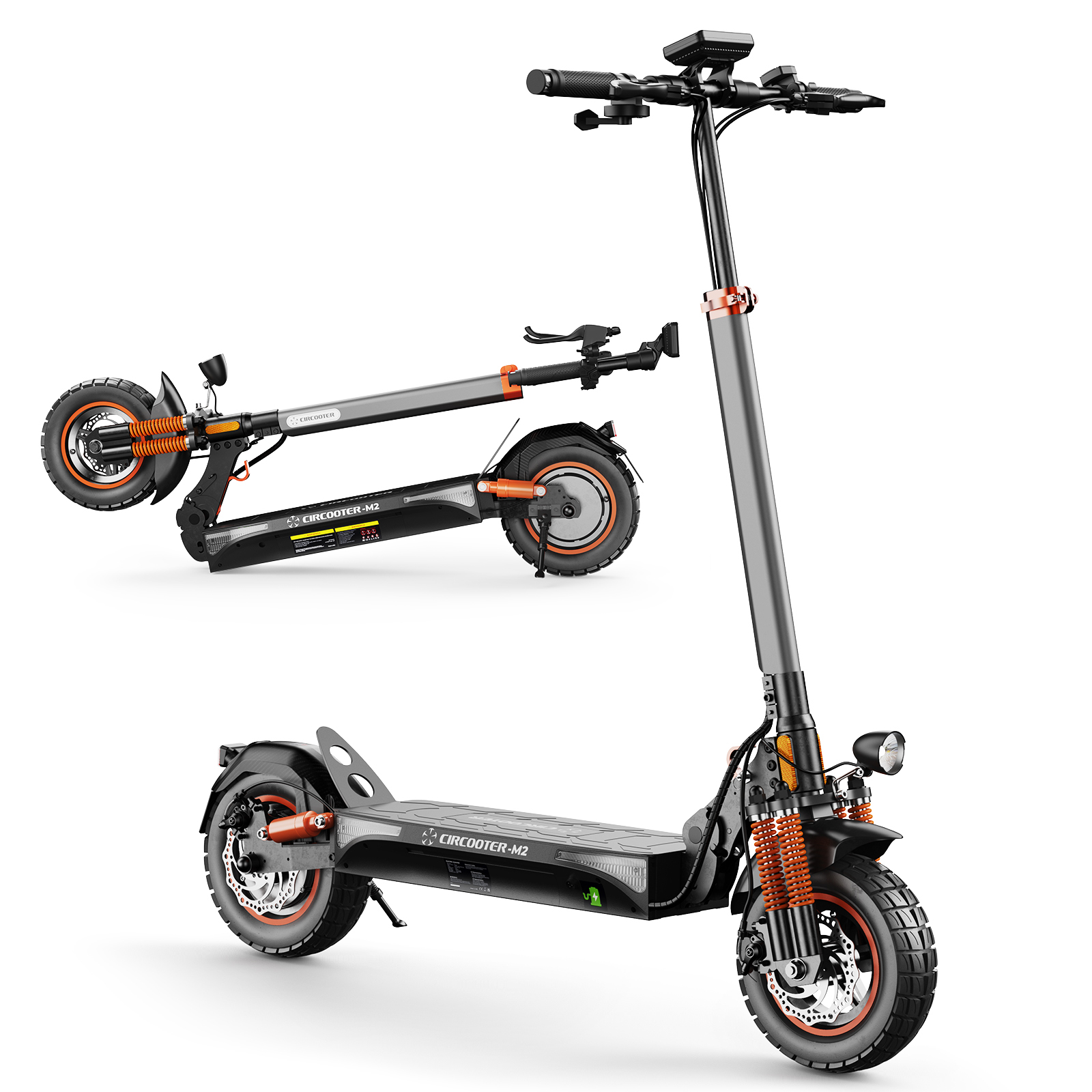 Hulajnoga elektryczna, czarna i szara, pomarańczowe akcenty. Jeden w pionie, jeden złożony. Białe tło.