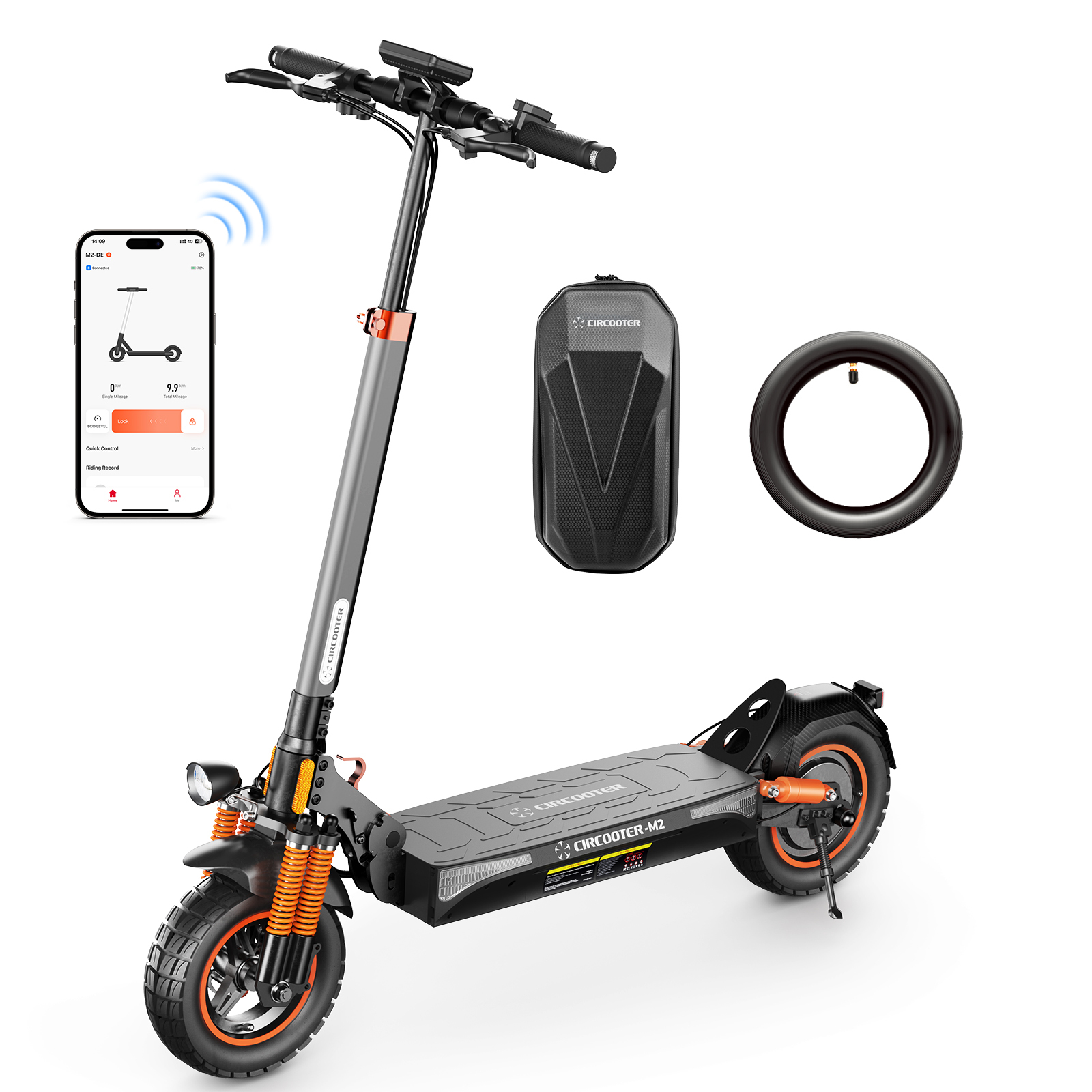 Hulajnoga elektryczna z ekranem telefonu, zapasową oponą i torbą transportową. Ma pomarańczowe akcenty i szary korpus.