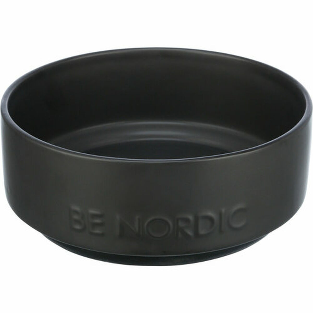 Un cuenco de cerámica gris oscuro con 'BE NORDIC' grabado en el lateral. El cuenco es redondo y tiene un diseño moderno y sencillo.