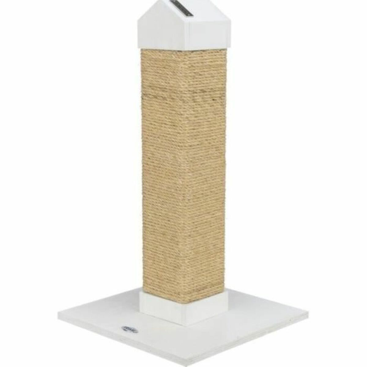 Un tiragraffi per gatti con base e parte superiore bianche. Il corpo principale è avvolto da corda di sisal color naturale.