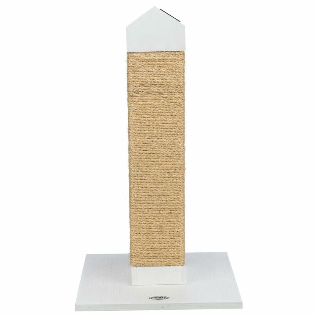 Tiragraffi per gatti. Base in legno bianco con palo tiragraffi in sisal. La parte superiore è anch'essa bianca.