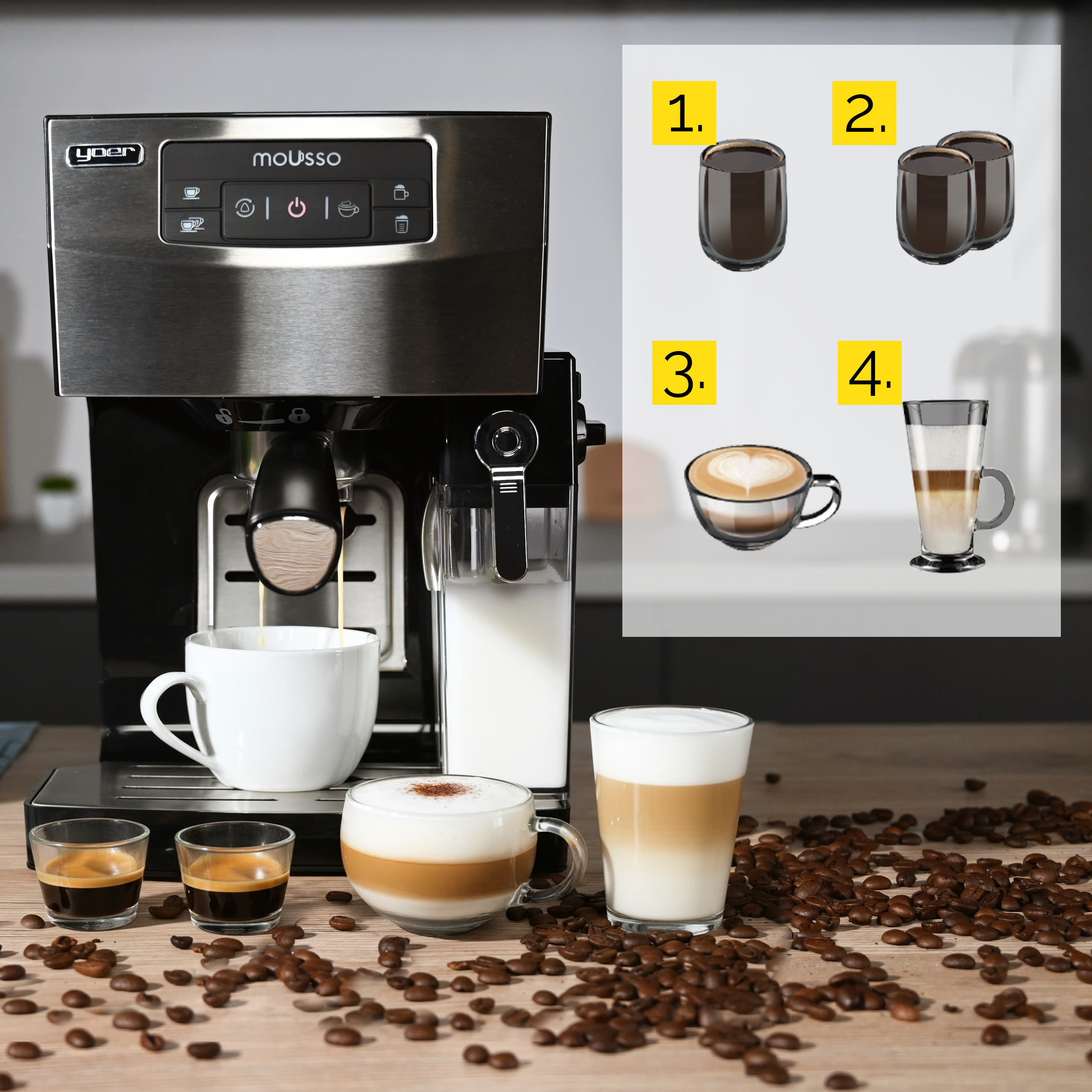 Ekspres do kawy z różnymi rodzajami kawy: espresso, latte, cappuccino i ziarna kawy na drewnie.