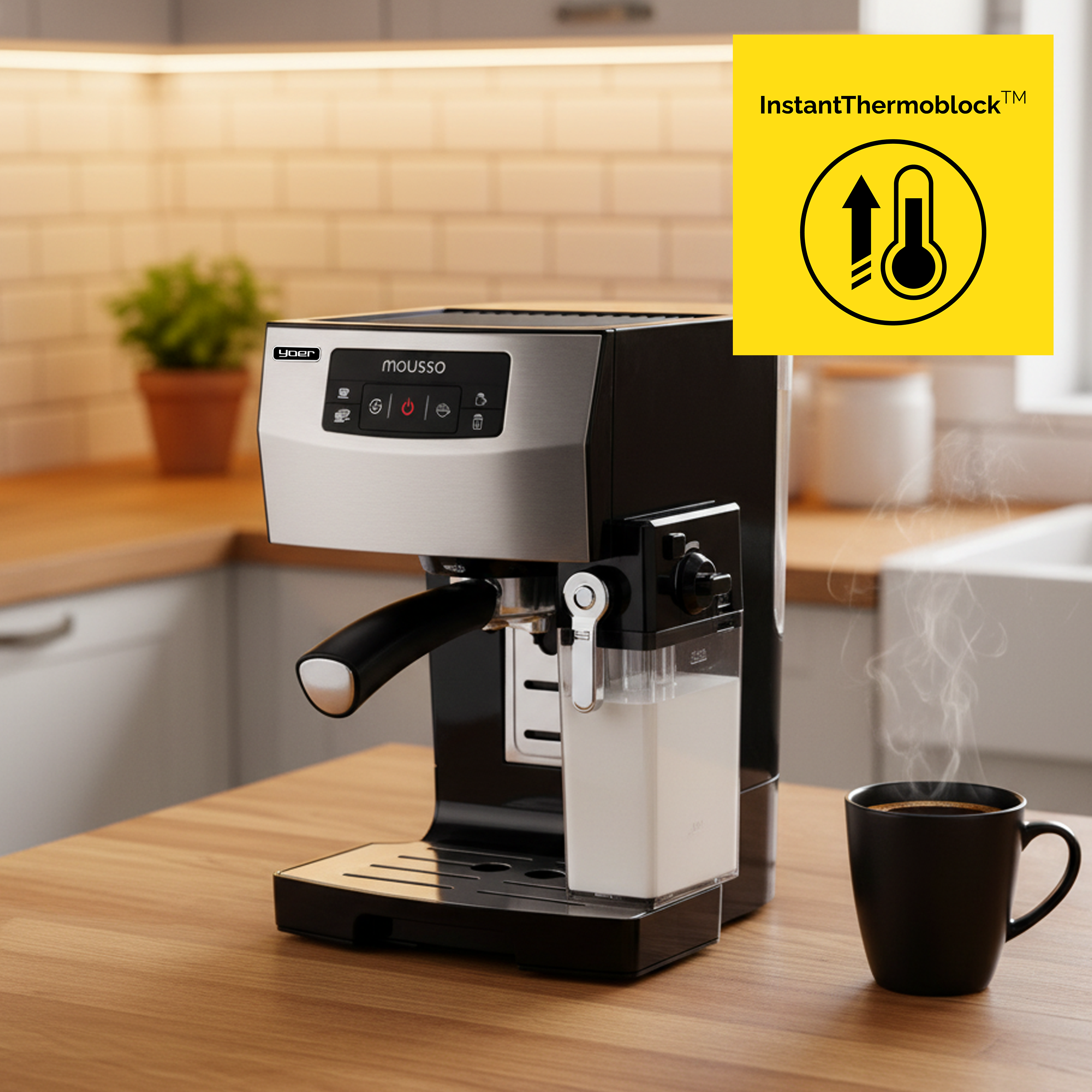 Ekspres do kawy z czarnym kubkiem, parą i logo Instant Thermoblock. Kuchnia z rośliną w tle.
