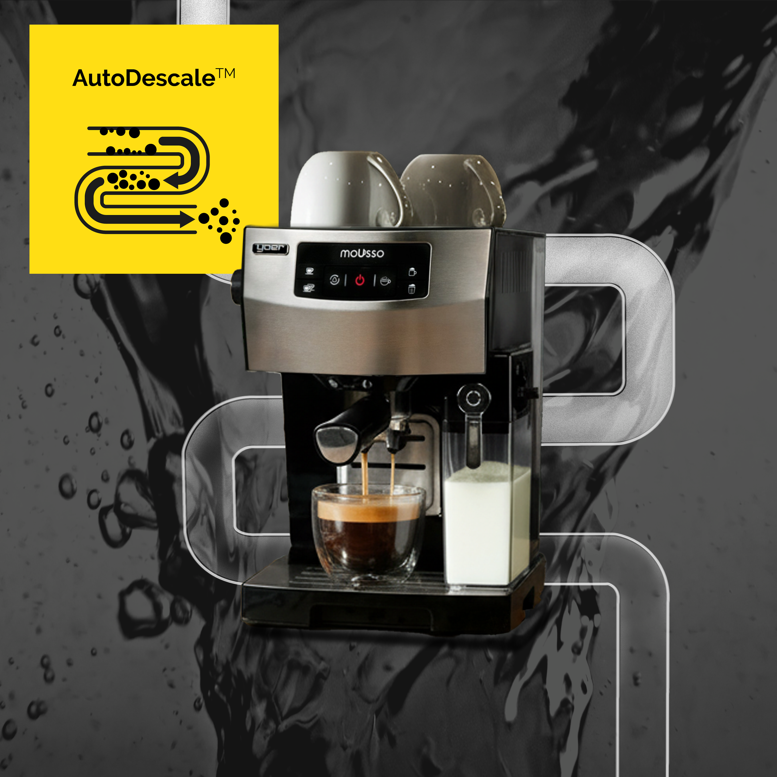 Ekspres do kawy z kawą wlewaną do szklanki. Widoczny pojemnik na mleko. Żółte logo AutoDescale w rogu.