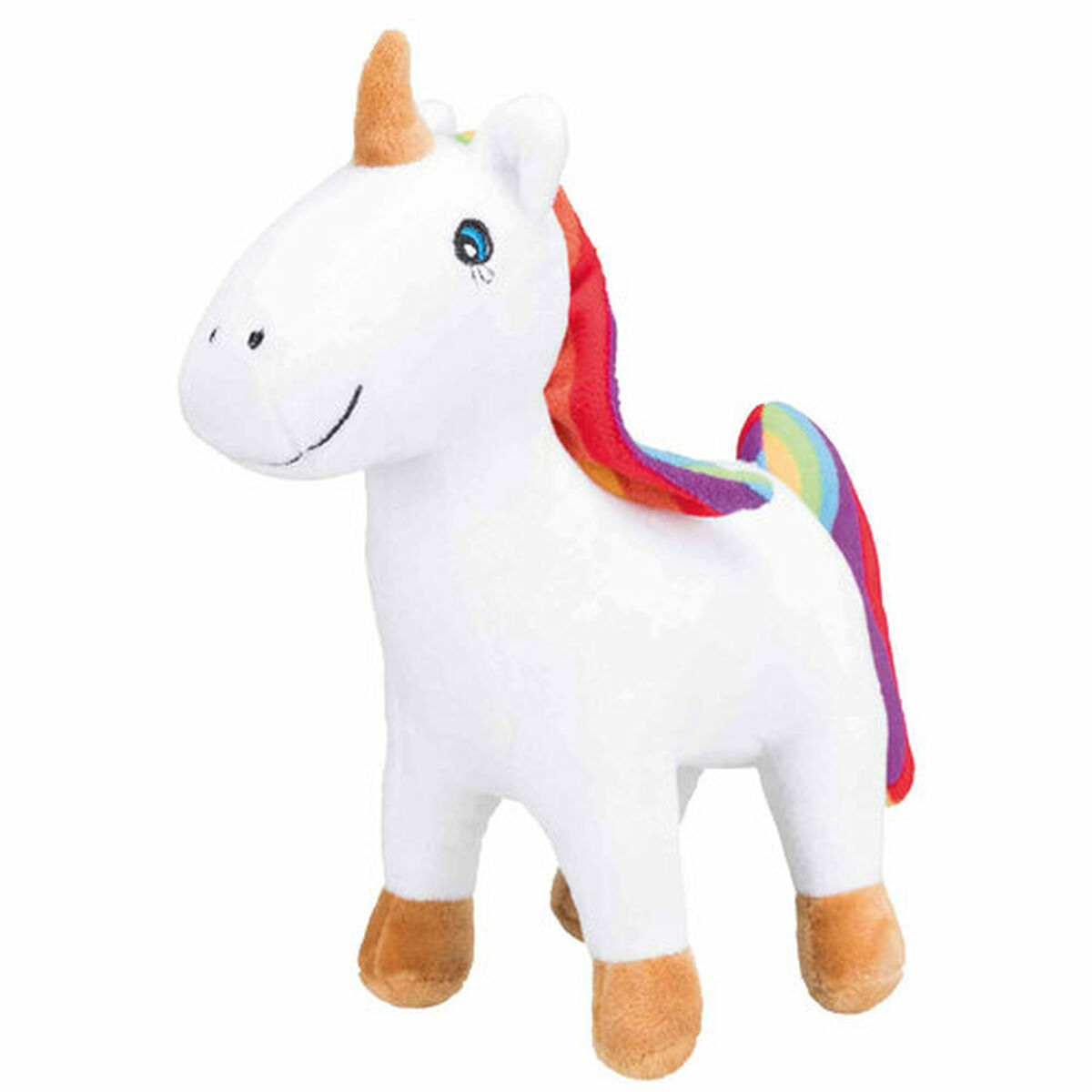 Un peluche de unicornio blanco con melena y cola de arcoíris, cuerno dorado y pezuñas marrones sobre un fondo blanco.