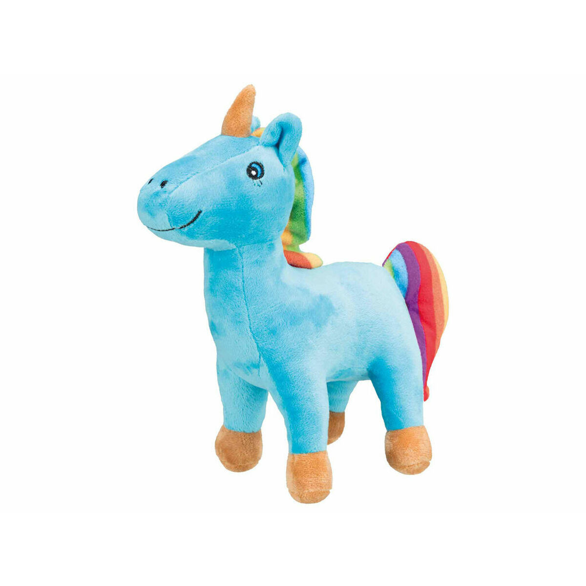 Un unicornio de peluche azul con melena y cola de arcoíris. Tiene un cuerno dorado, pezuñas marrones y una cara sonriente. El fondo es blanco.