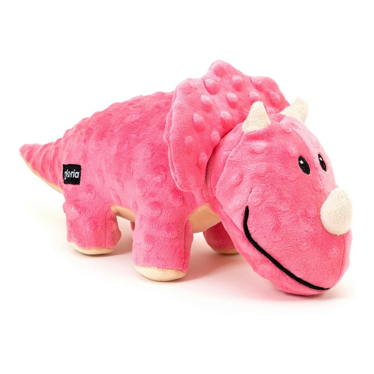 Ein pinkfarbenes Stofftier-Triceratops mit weißen Hörnern und einem lächelnden Gesicht, vor weißem Hintergrund.