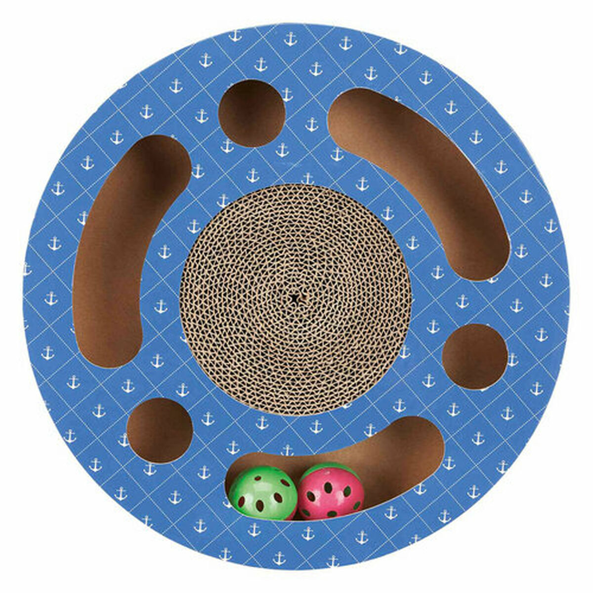 Un giocattolo blu per gatti con motivo a ancora e fori. Include due palline: verde a pois e rosa con motivo anguria.