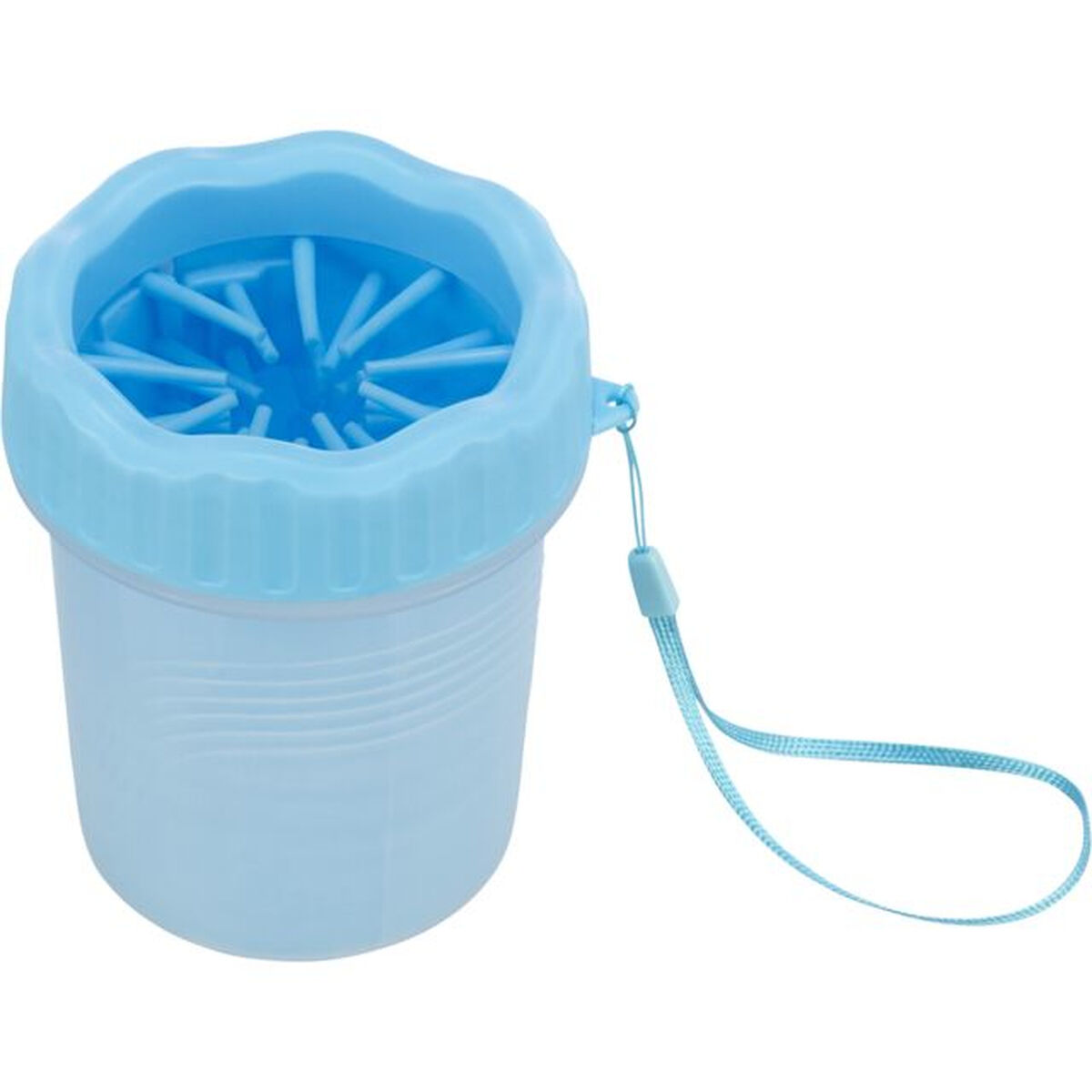 Un pulitore per zampe azzurro con interno strutturato e manico. Il pulitore ha un coperchio e un cinturino blu.