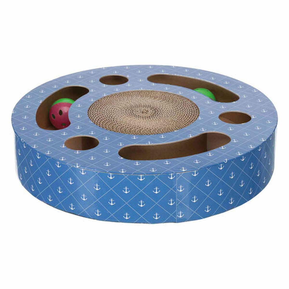 Un giocattolo blu per gatti con fori, un cuscinetto centrale per graffiare e palline. Il giocattolo ha un motivo di ancore blu.