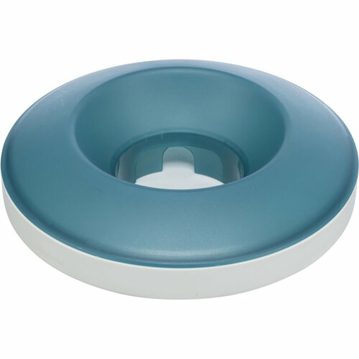 Un oggetto di plastica turchese e bianca. È un anello con un'apertura centrale e una base bianca.