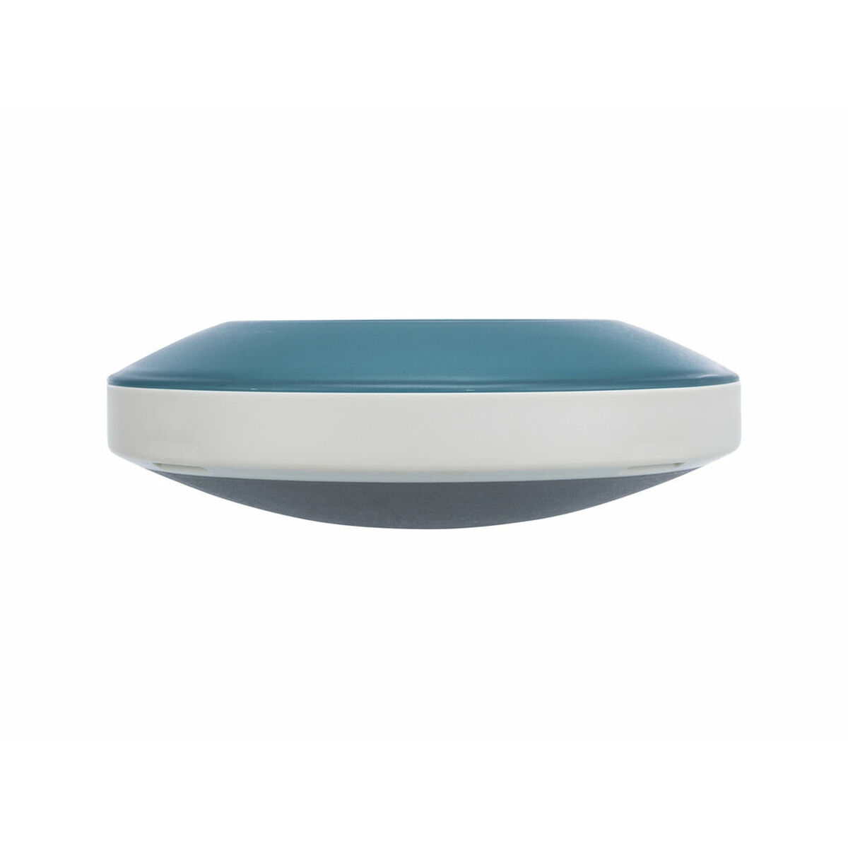 Un oggetto moderno, rotondo, turchese e bianco con un'ombra. La parte superiore è turchese, il centro bianco e il fondo ombreggiato.