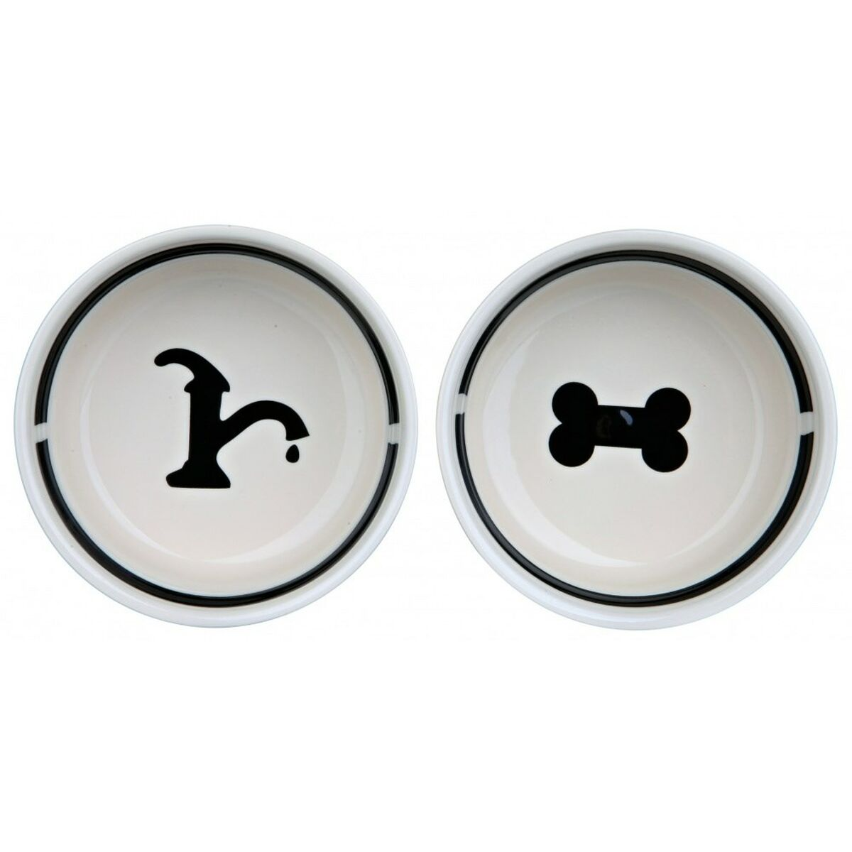 Dos cuencos para perros con interiores blancos y bordes negros. Uno tiene un diseño de grifo, el otro un hueso. Ambos sobre fondo blanco.