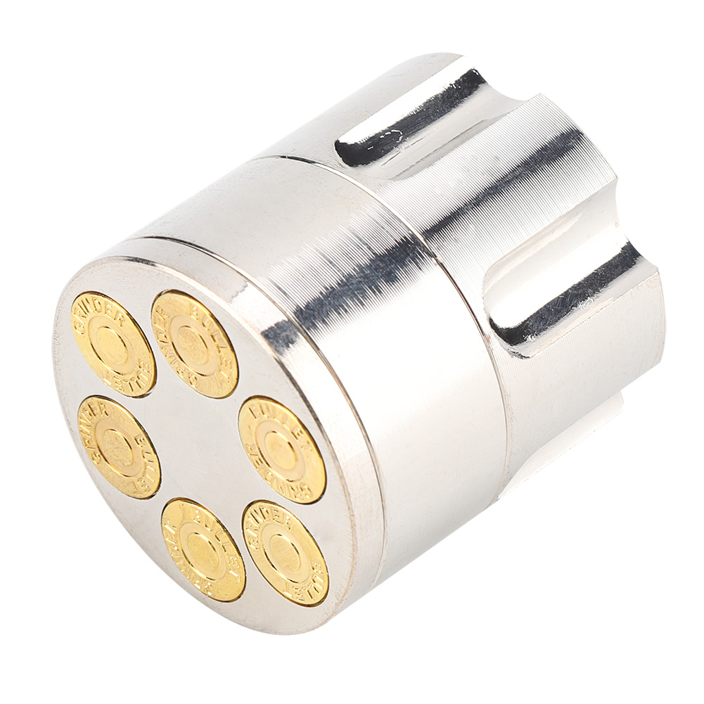 Ein metallischer zylindrischer Gegenstand mit sechs goldfarbenen, kugelförmigen Elementen an einem Ende. Das andere Ende hat ein geriffeltes Design.