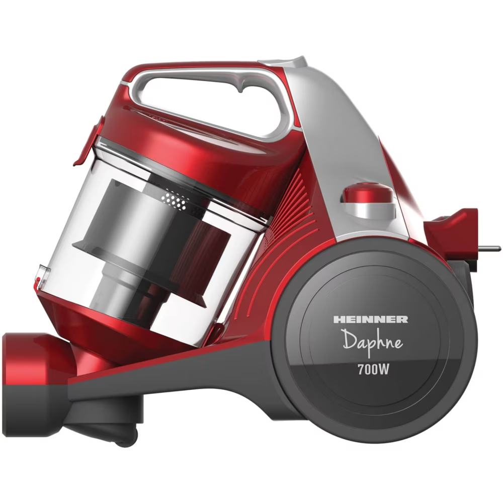Ein rot-silberner Heinner Daphne 700W Staubsauger mit transparentem Staubbehälter und schwarzem Rad.