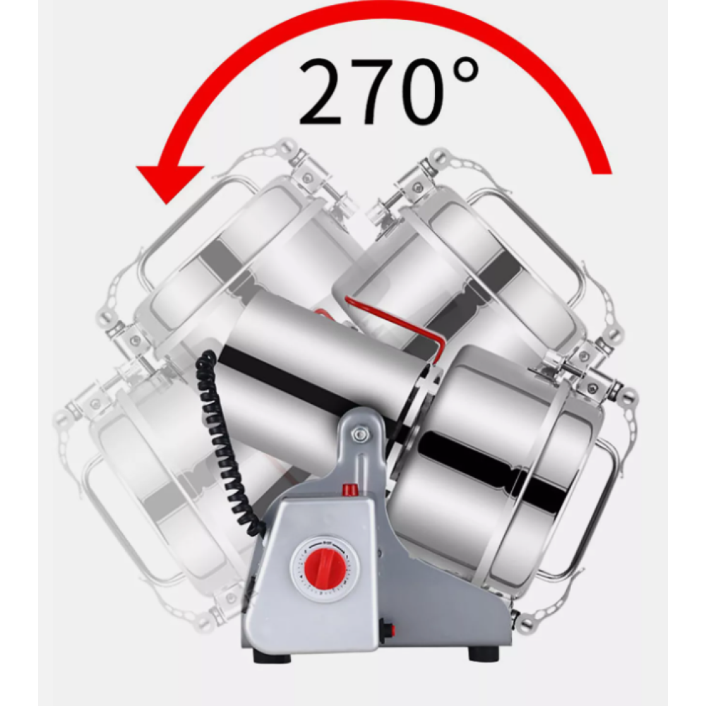 Eine Maschine mit rotierenden Behältern. Ein roter Pfeil zeigt eine 270-Grad-Drehung an. Die Maschine ist grau mit rotem Knopf.
