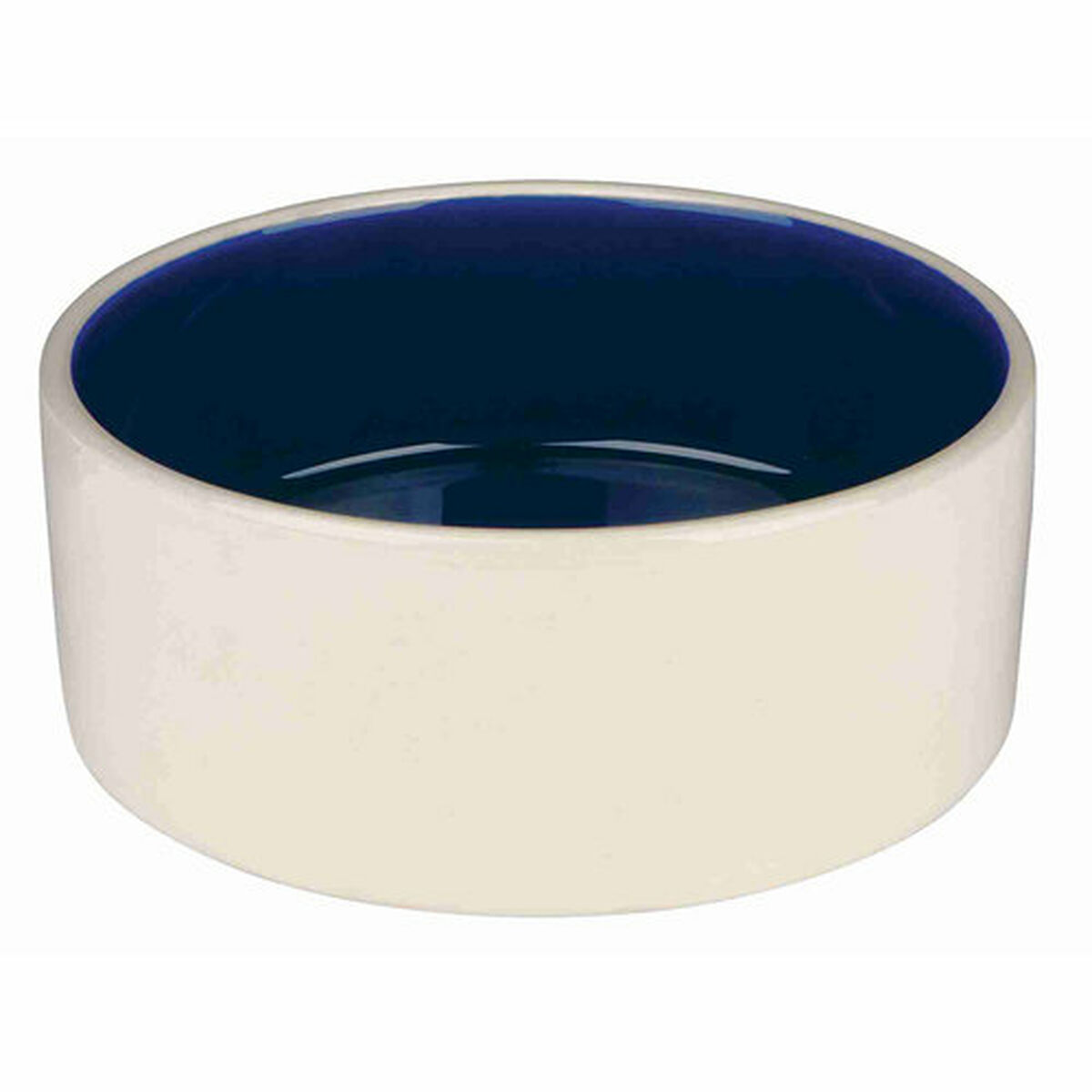 Un cuenco de cerámica. El exterior es de color crema, el interior azul oscuro. El cuenco es redondo y tiene un diseño sencillo y moderno.