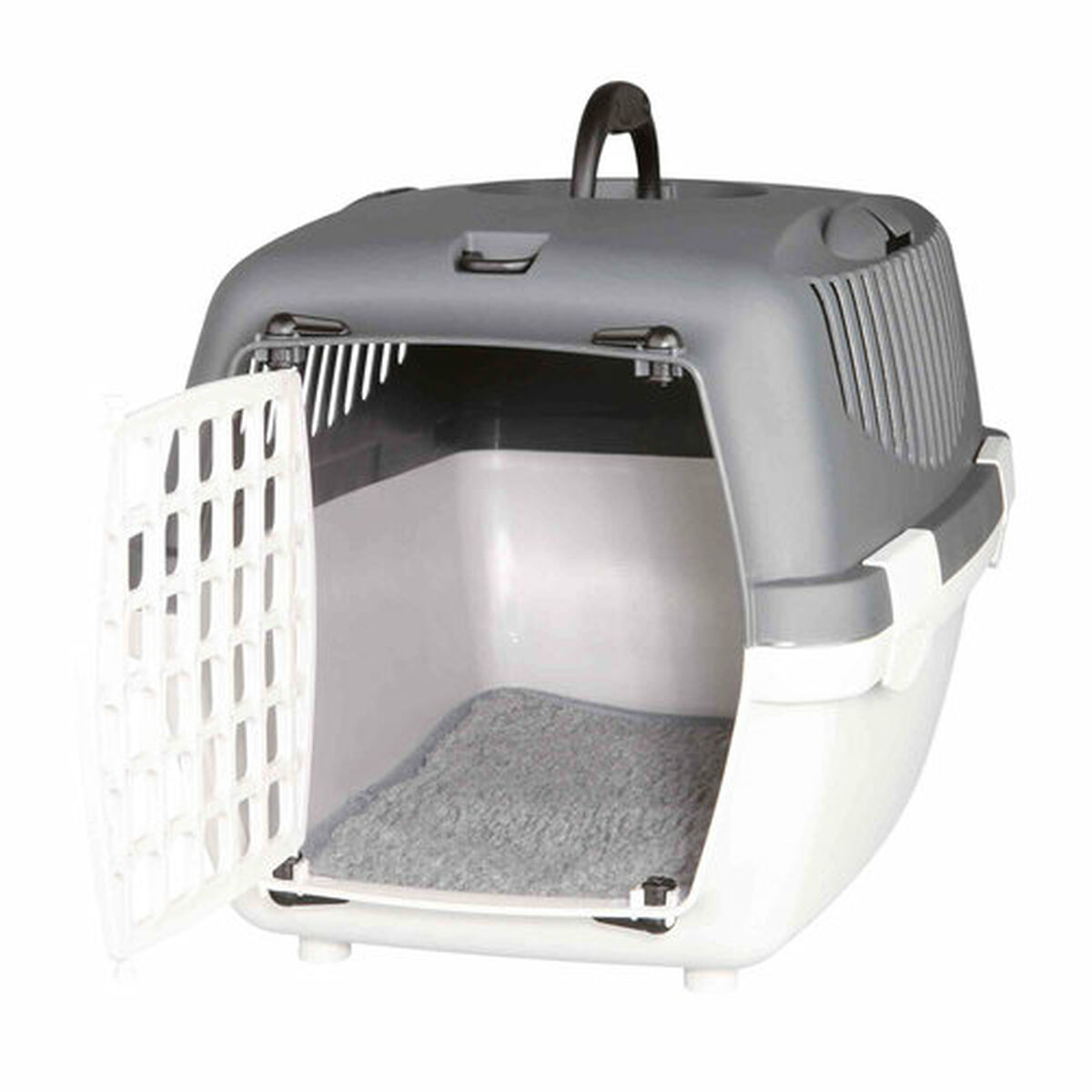 Un trasportino grigio e bianco per animali domestici è aperto. La porta è socchiusa, mostrando l'interno con un tappetino grigio.