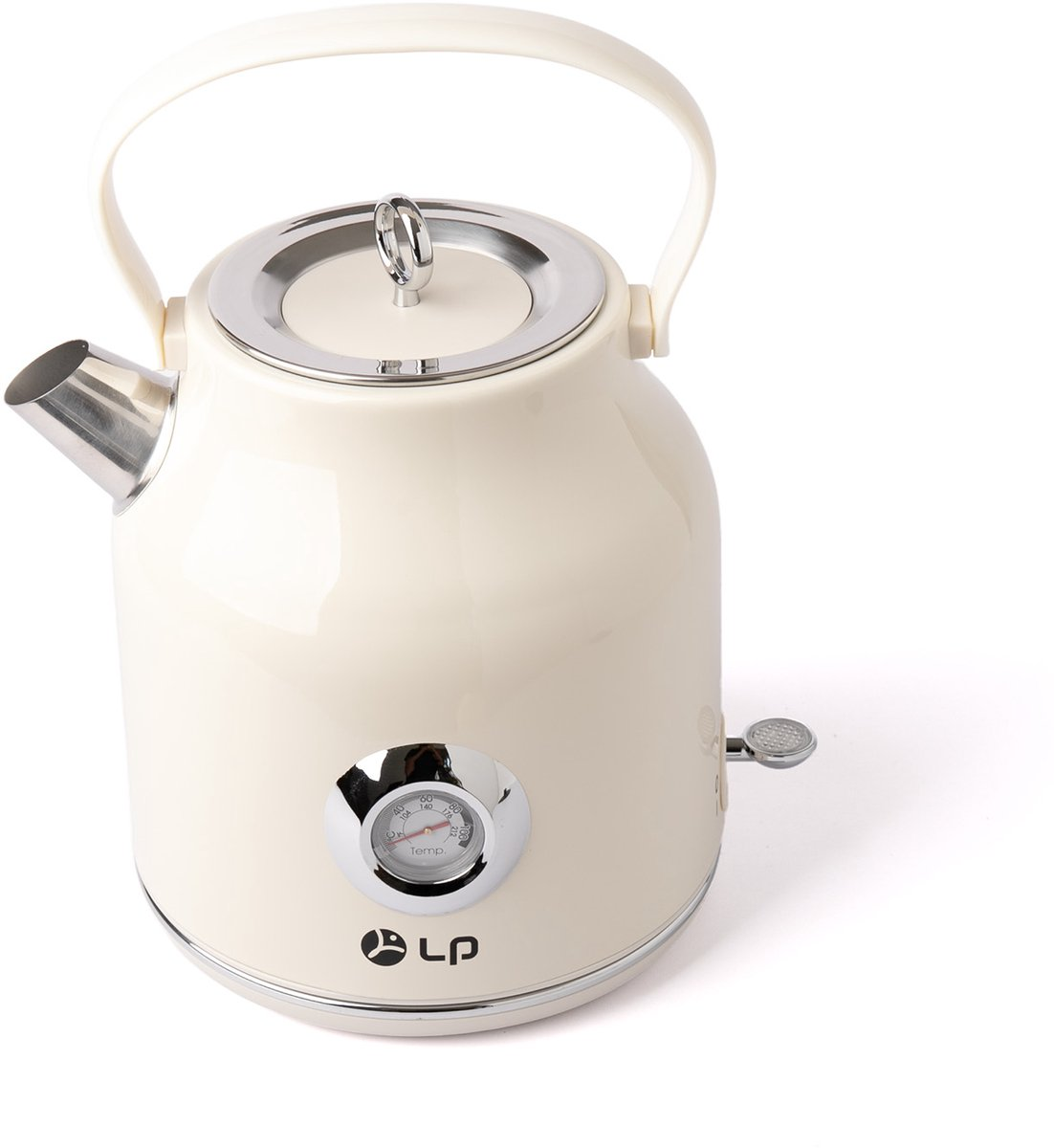 Cremefarbener Wasserkocher mit Griff und Temperaturanzeige. Er hat einen metallischen Ausguss und einen Chromsockel.