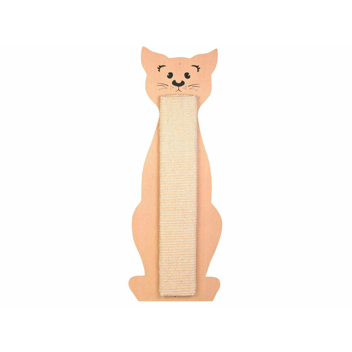 Un tiragraffi a forma di gatto in legno e tessuto beige, con una faccia di gatto in cima. È in piedi su sfondo bianco.