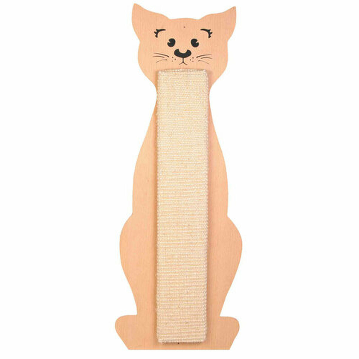 Un tiragraffi a forma di gatto in legno. La faccia del gatto è in alto e una superficie ruvida per graffiare corre al centro.