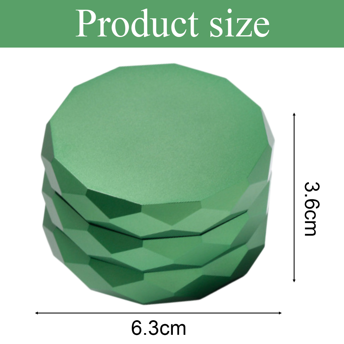 Ein grünes, geometrisches Produkt. Die Größe beträgt 6,3 cm Breite und 3,6 cm Höhe. Der Text oben lautet 'Produktgröße'.