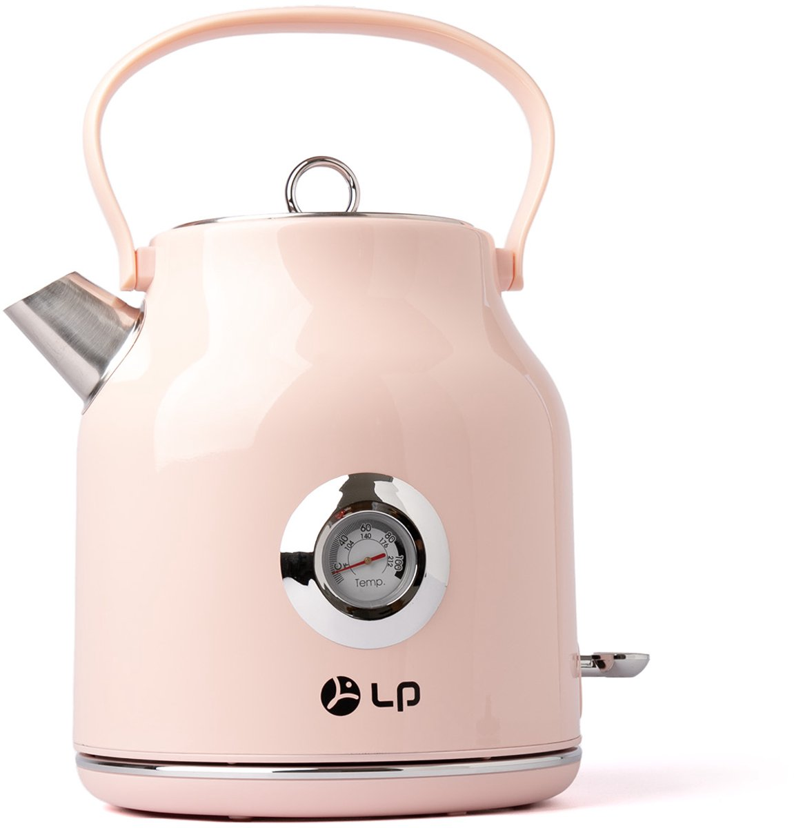 Ein rosa Wasserkocher mit Griff und Temperaturanzeige. Er hat einen Ausguss und einen Sockel.