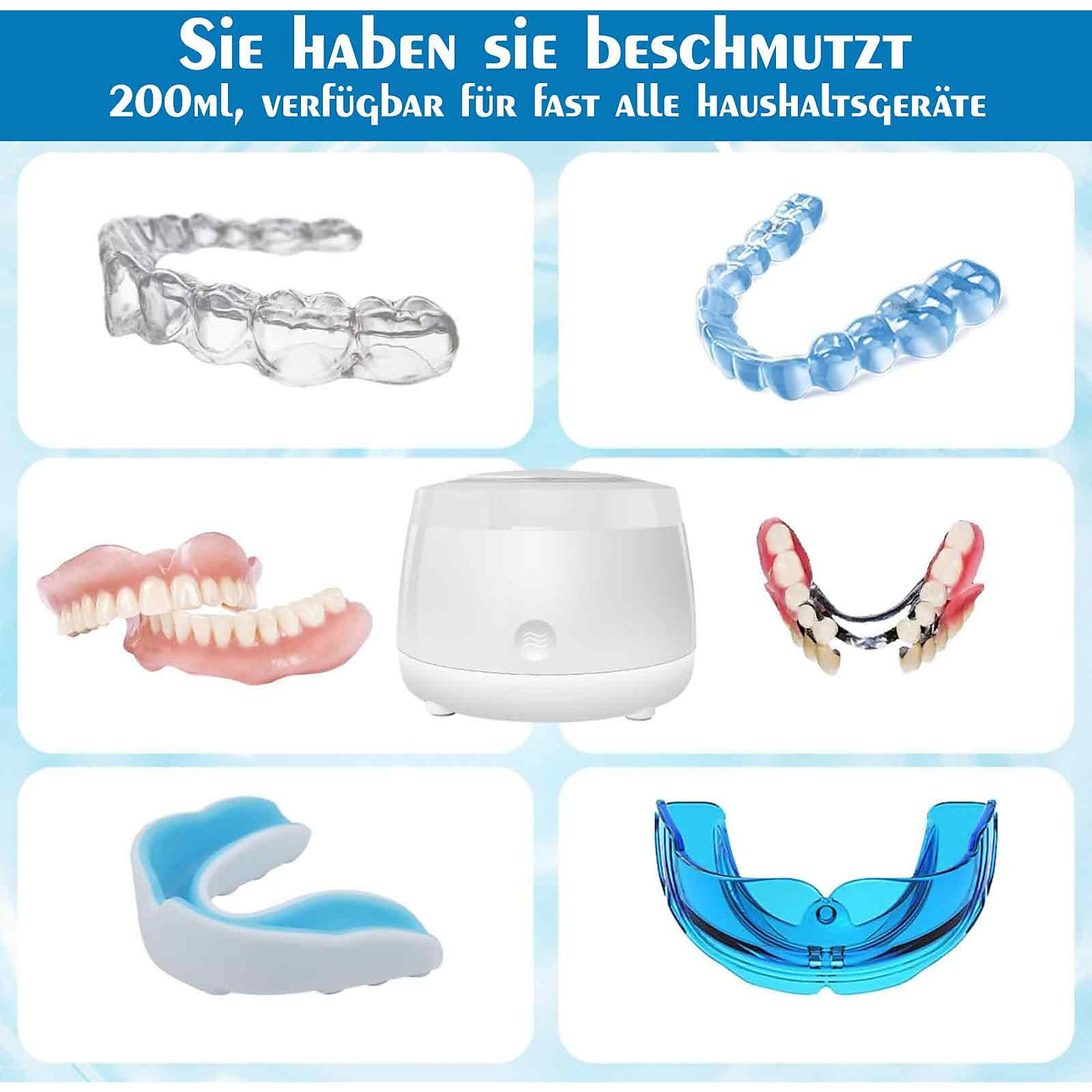 Das Bild zeigt Zahnspangen: klare Aligner, blaue Retainer, Zahnersatz und ein Reinigungsgerät. Text: 'Sie haben sie beschmutzt'.