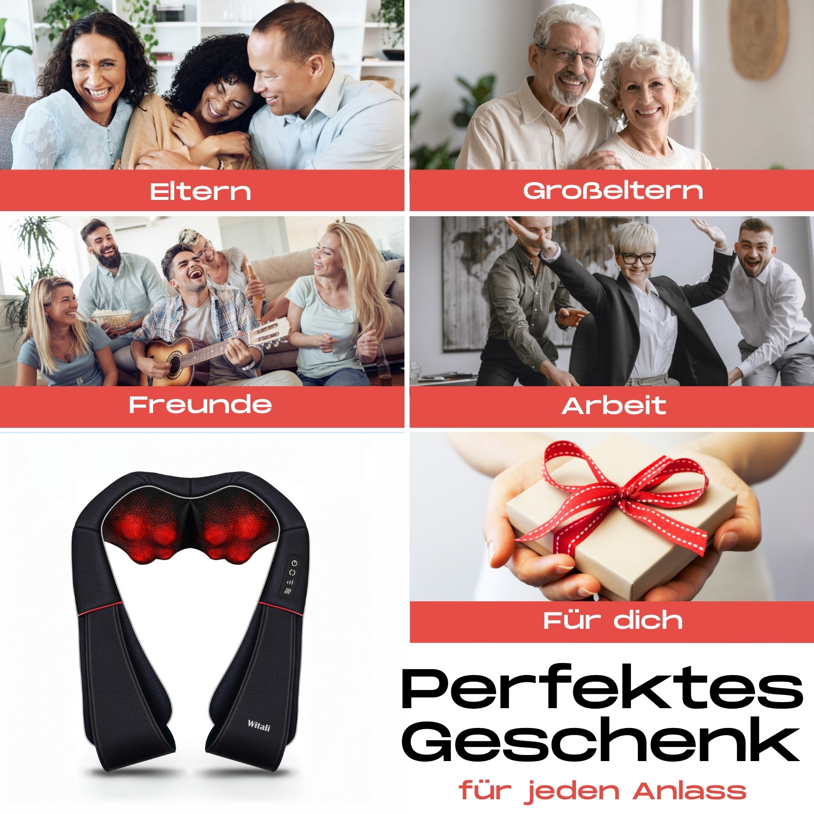 Collage von Bildern: Familie, Freunde, Büro, Massagegerät, Geschenkbox. Text: Perfektes Geschenk für jeden Anlass.