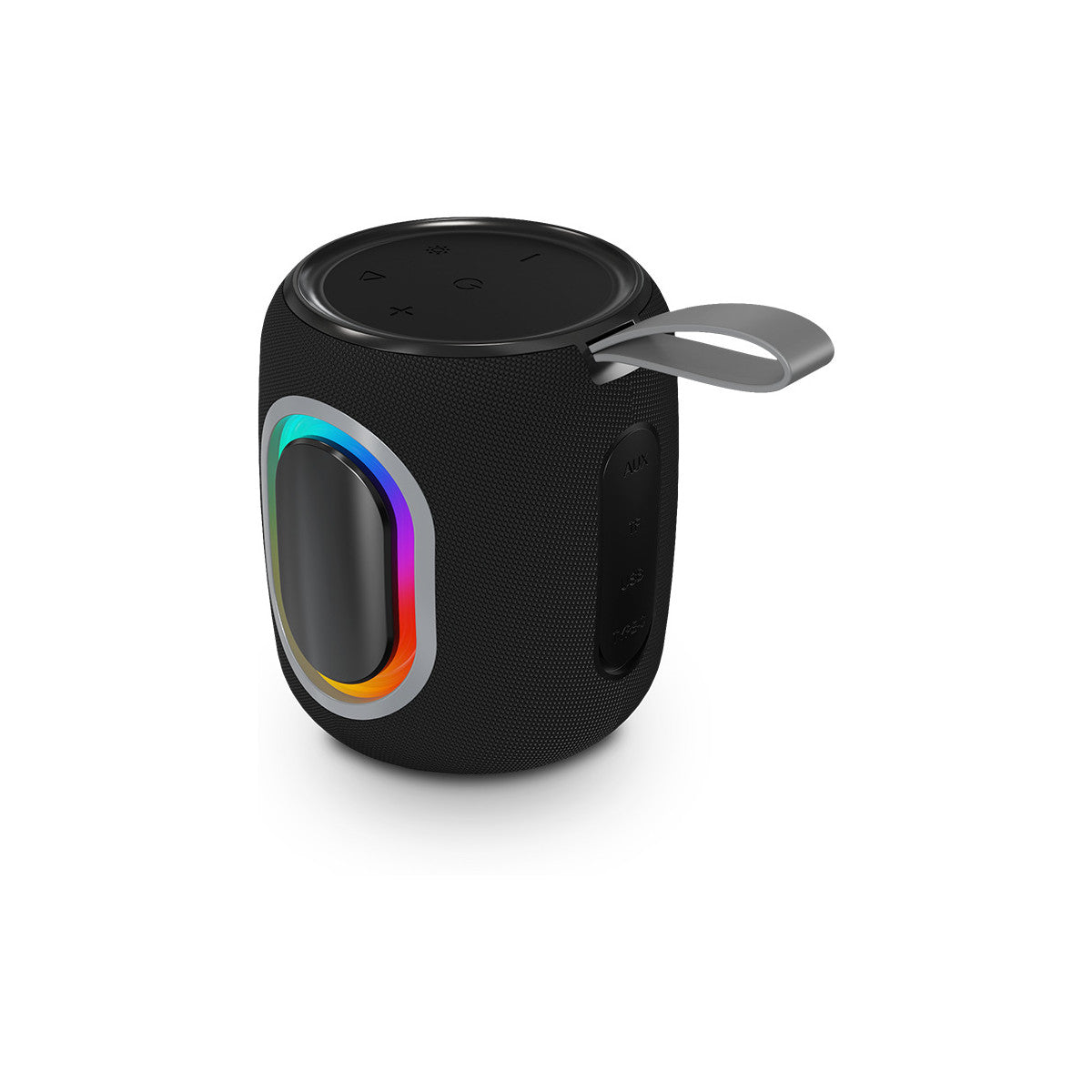 Un altoparlante portatile nero con luce arcobaleno. Ha una maniglia e pulsanti laterali. Isolato su sfondo bianco.