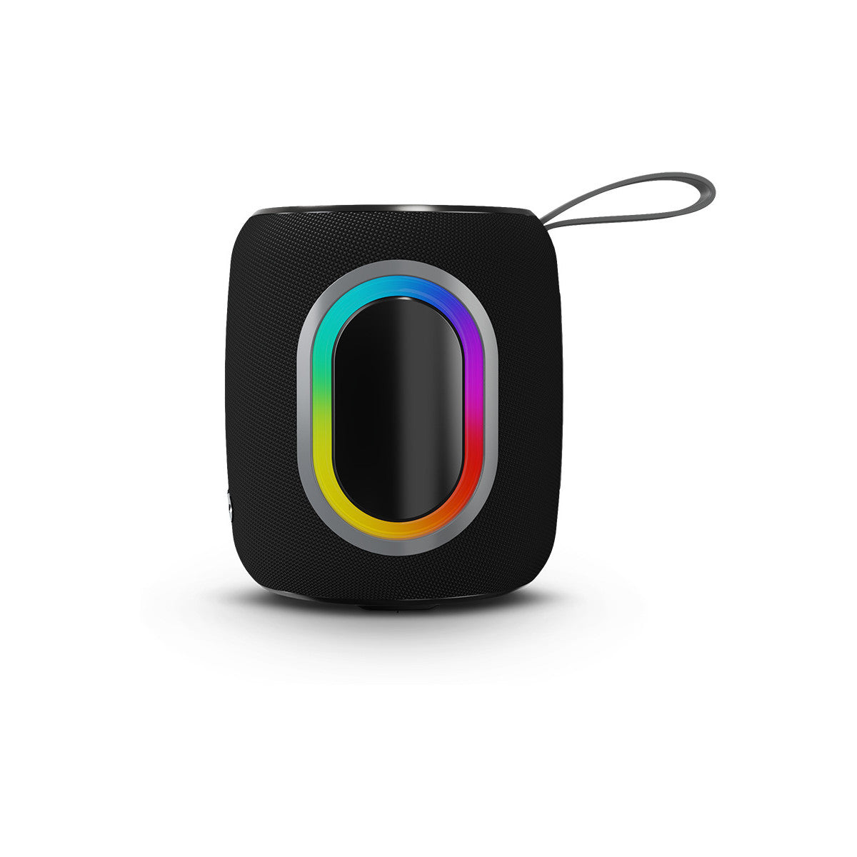 Un altoparlante nero con un bordo luminoso colorato. Ha una maniglia. Lo sfondo è bianco.