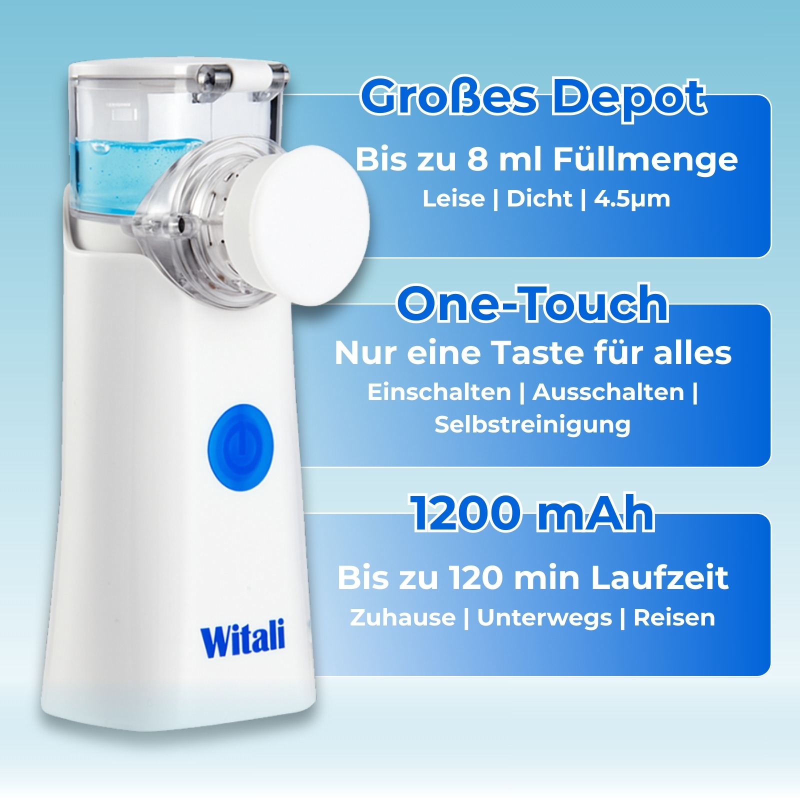 Ein weißer und transparenter Vernebler mit blauem Knopf. Text beschreibt Funktionen wie 1200 mAh, One-Touch und 8 ml Kapazität.