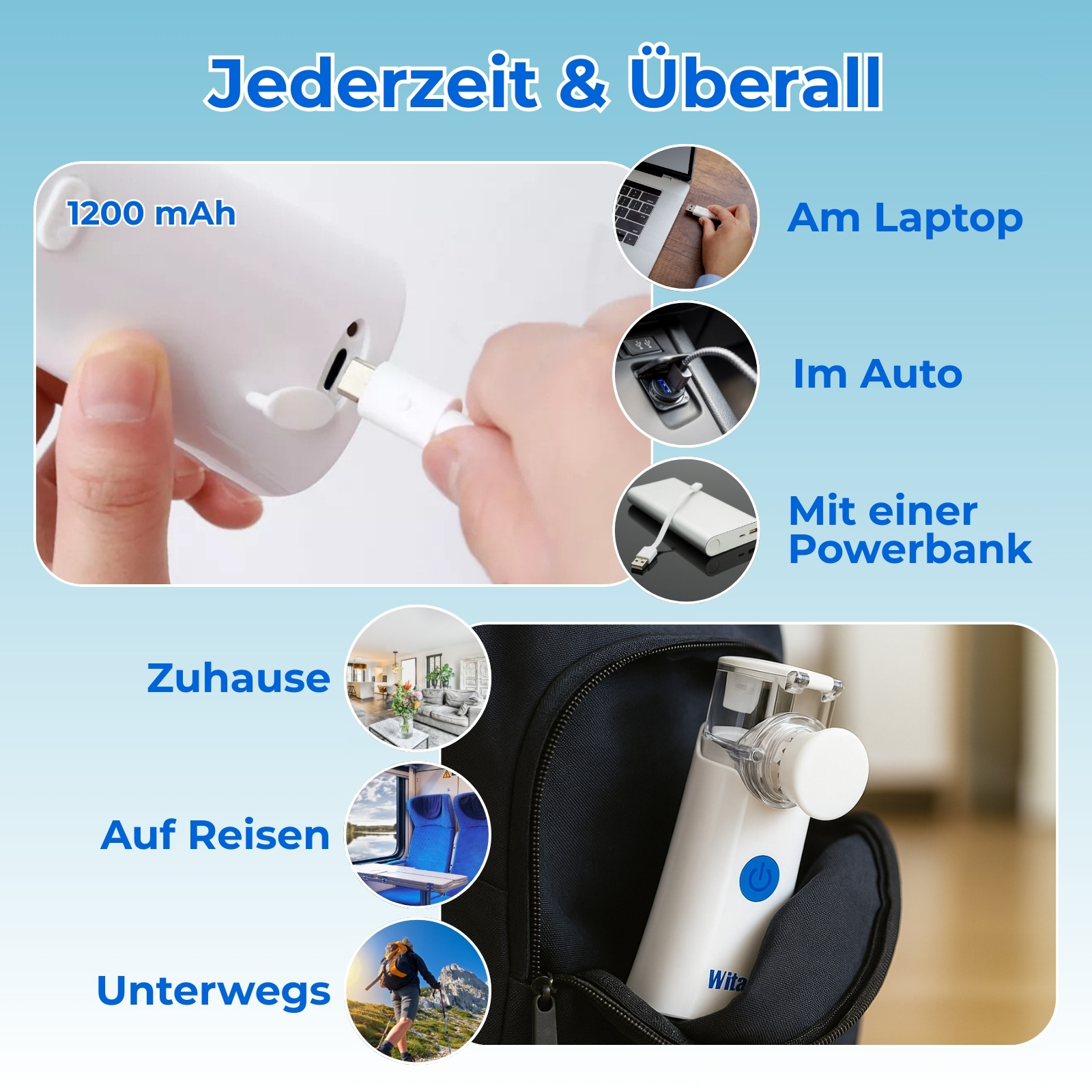 Ein weißer Vernebler wird aufgeladen. Er kann zu Hause, auf Reisen oder unterwegs verwendet werden. Lademöglichkeiten umfassen Laptop und Auto.