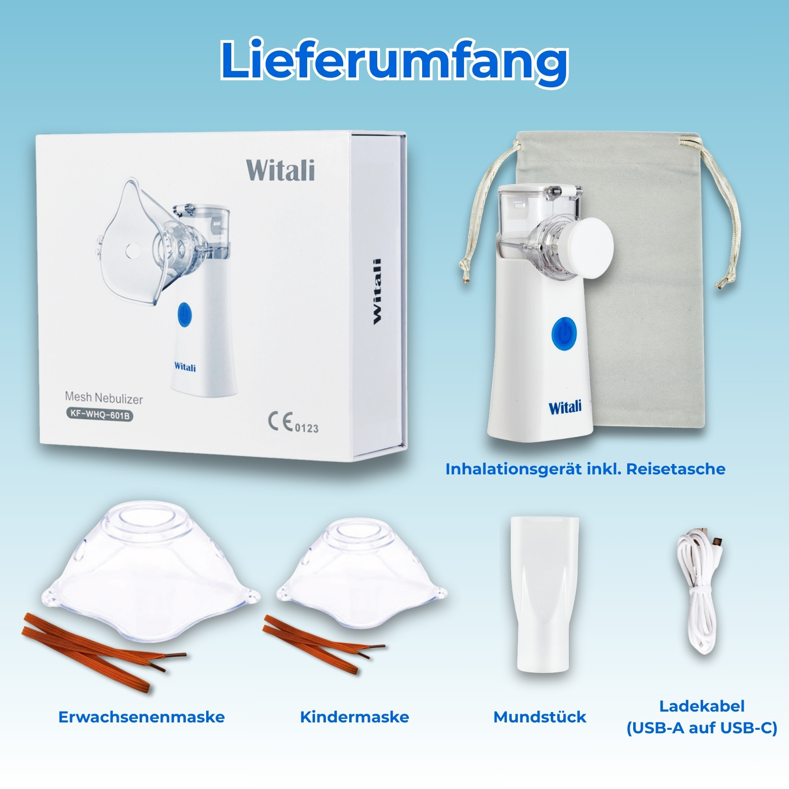 Das Bild zeigt ein Vernebler-Set mit Masken, Mundstück, Ladegerät und einer Tragetasche. Die Box und Geräte sind weiß.