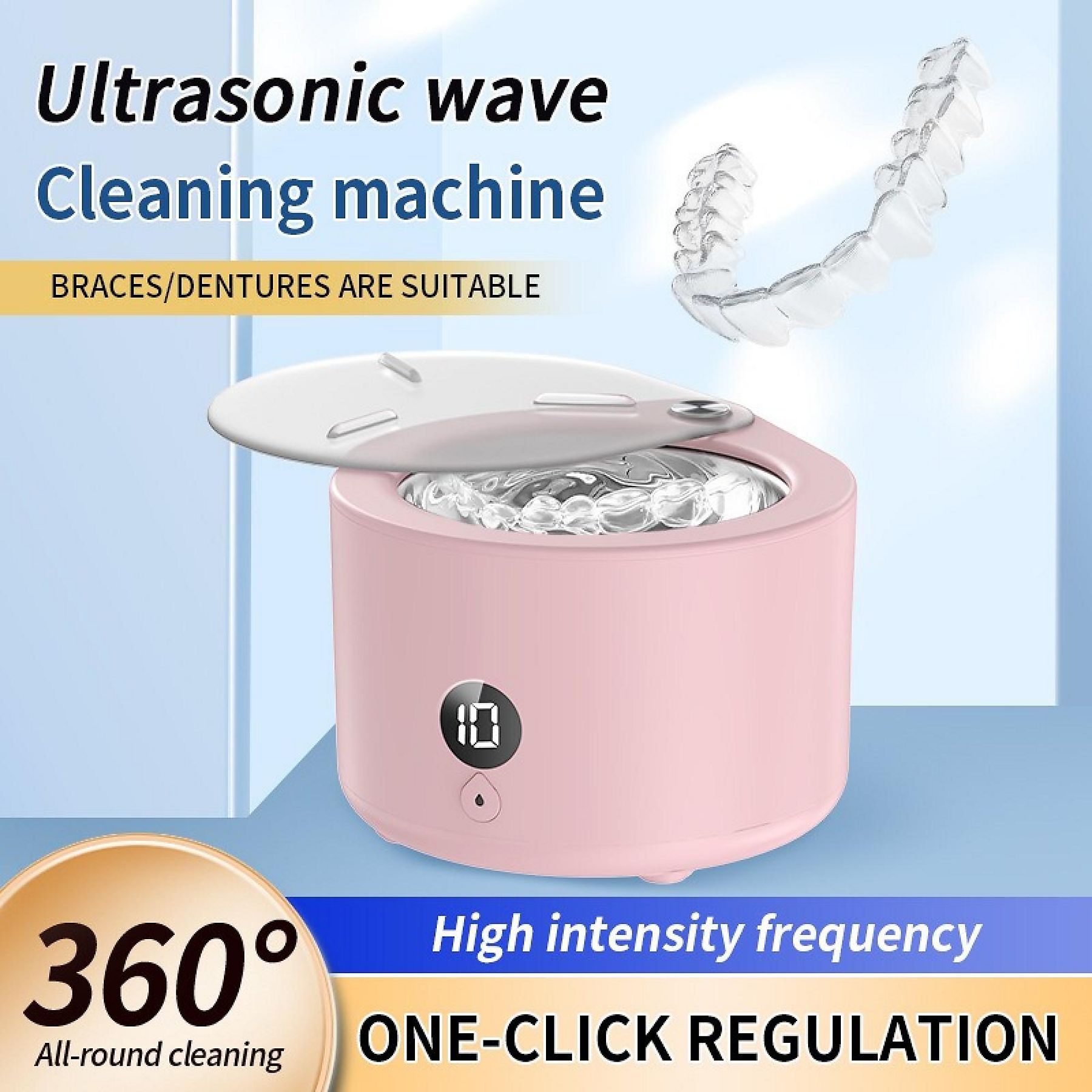 Eine rosa Ultraschall-Reinigungsmaschine mit einem durchsichtigen Zahnspangen-Retainer darüber. Text: 'Ultraschall-Reinigung Maschine'.