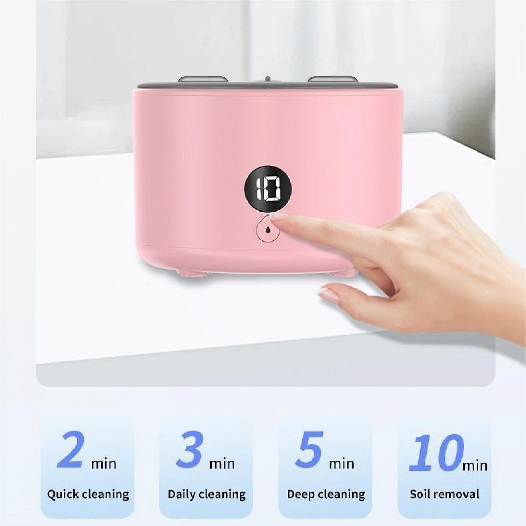 Ein rosa Reinigungsgerät mit Digitalanzeige '10'. Ein Finger berührt das Gerät. Unten sind Reinigungsoptionen.