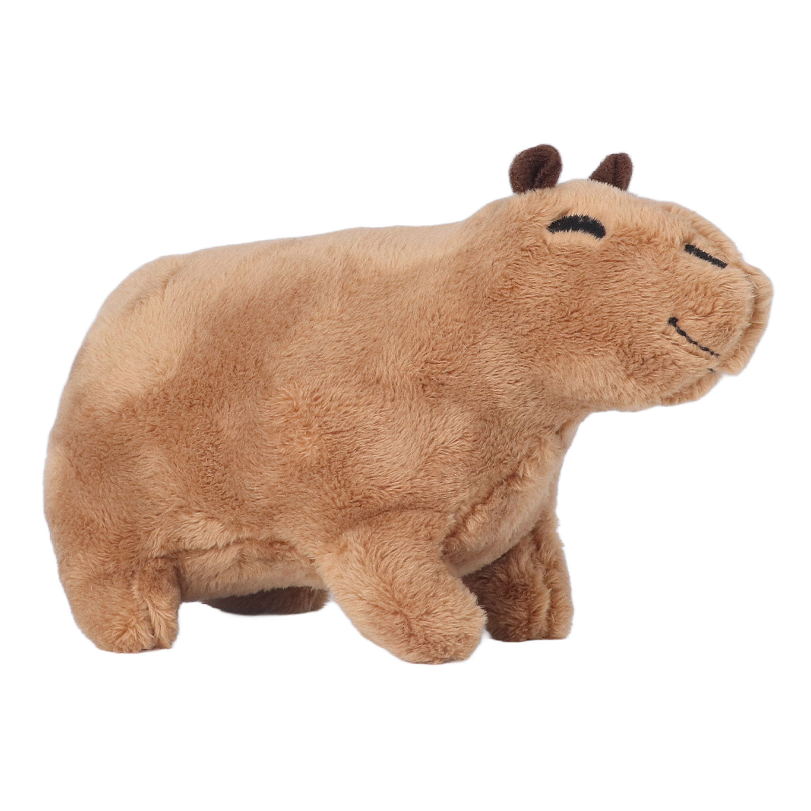 Ein Kuscheltier-Wasserschwein. Es hat braunes Fell, kleine Ohren und ein lächelndes Gesicht. Der Hintergrund ist weiß.
