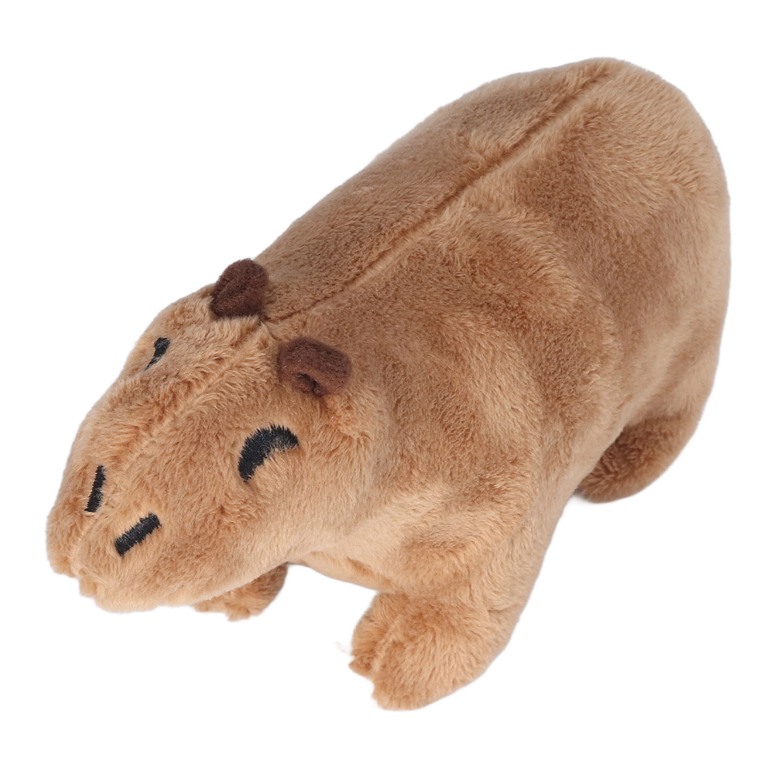 Ein braunes Capybara-Plüschtier auf weißem Hintergrund. Es hat kleine dunkle Ohren und Augen und einen genähten Mund.