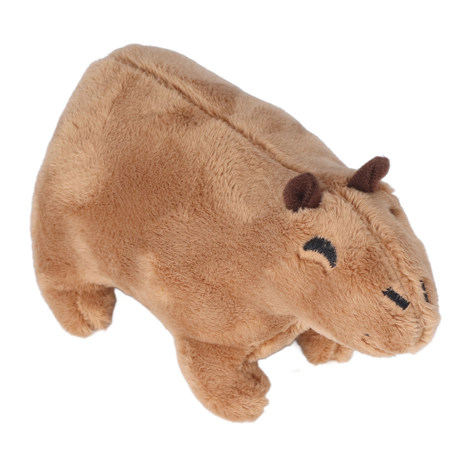 Ein Plüschtier-Wasserschwein mit braunem Fell, kleinen Ohren und schwarzen Augen auf weißem Hintergrund.